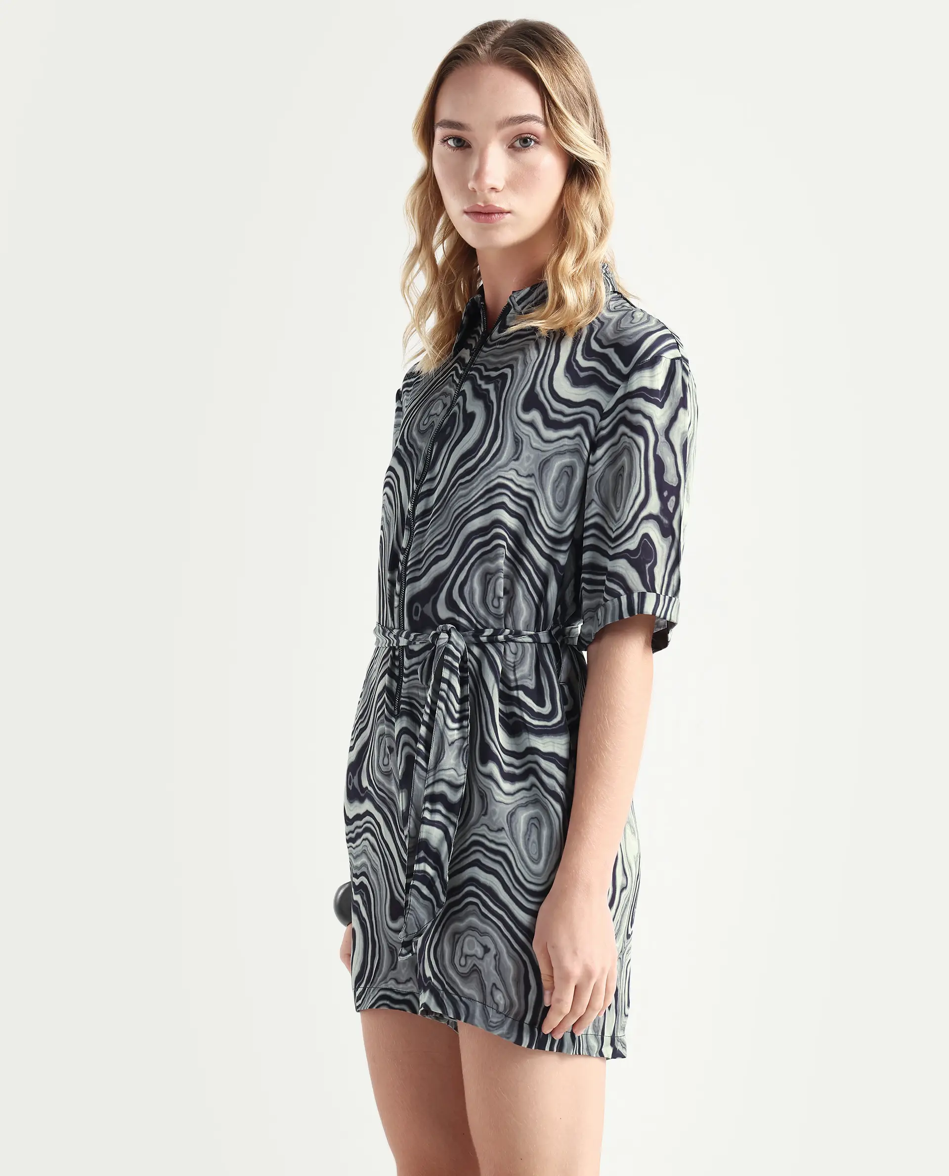 Rareism Women's Santa Black Modal Blend Spread Collar Abstract Print Regular Fit Playsuit - Image 5