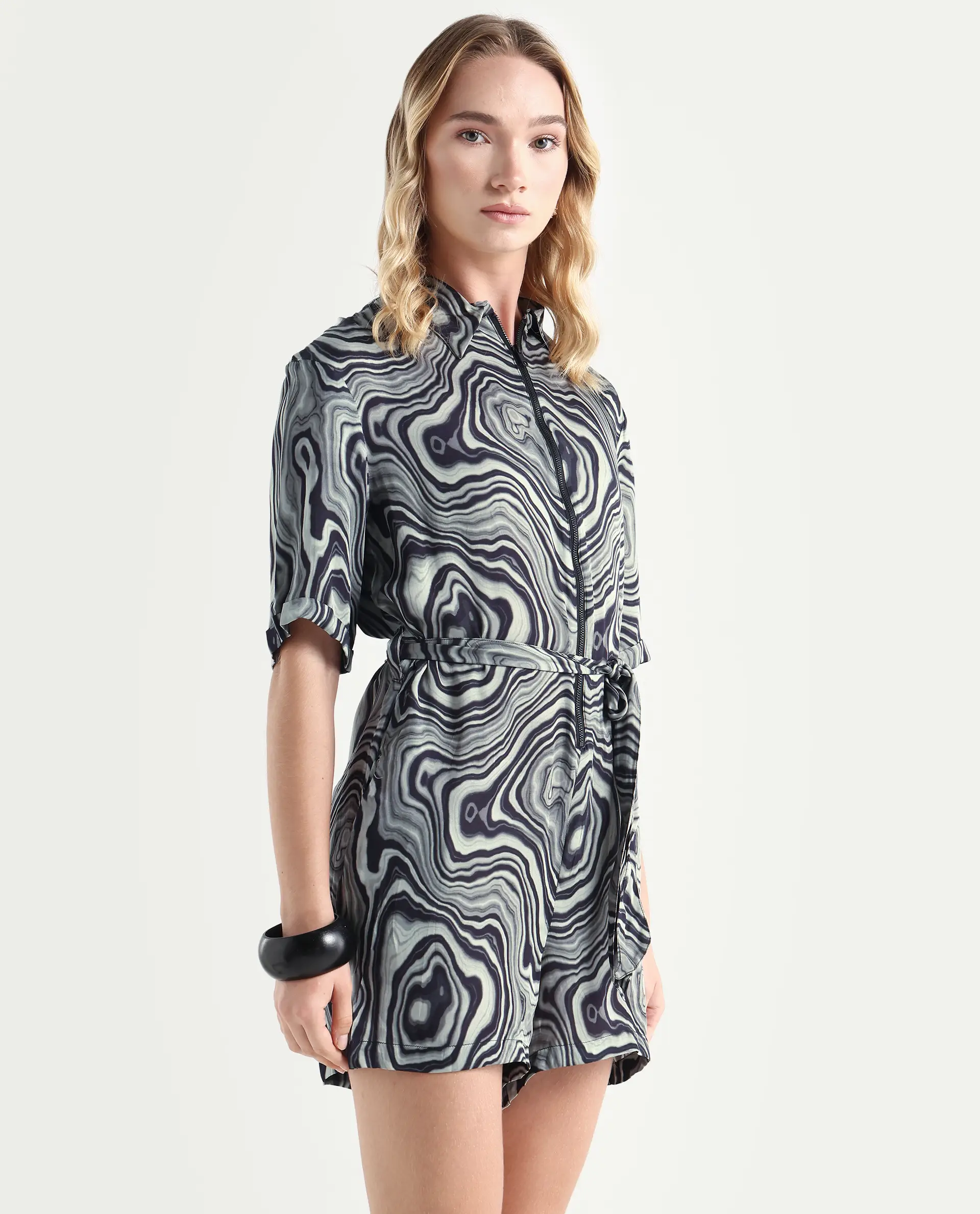 Rareism Women's Santa Black Modal Blend Spread Collar Abstract Print Regular Fit Playsuit - Image 6