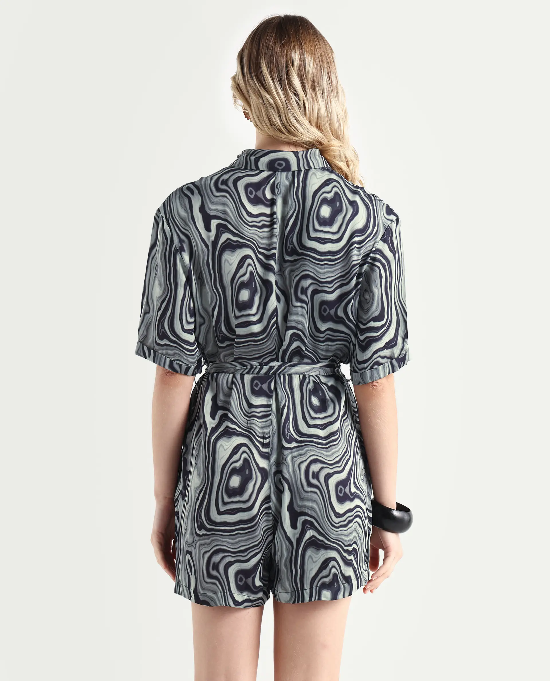 Rareism Women's Santa Black Modal Blend Spread Collar Abstract Print Regular Fit Playsuit - Image 7