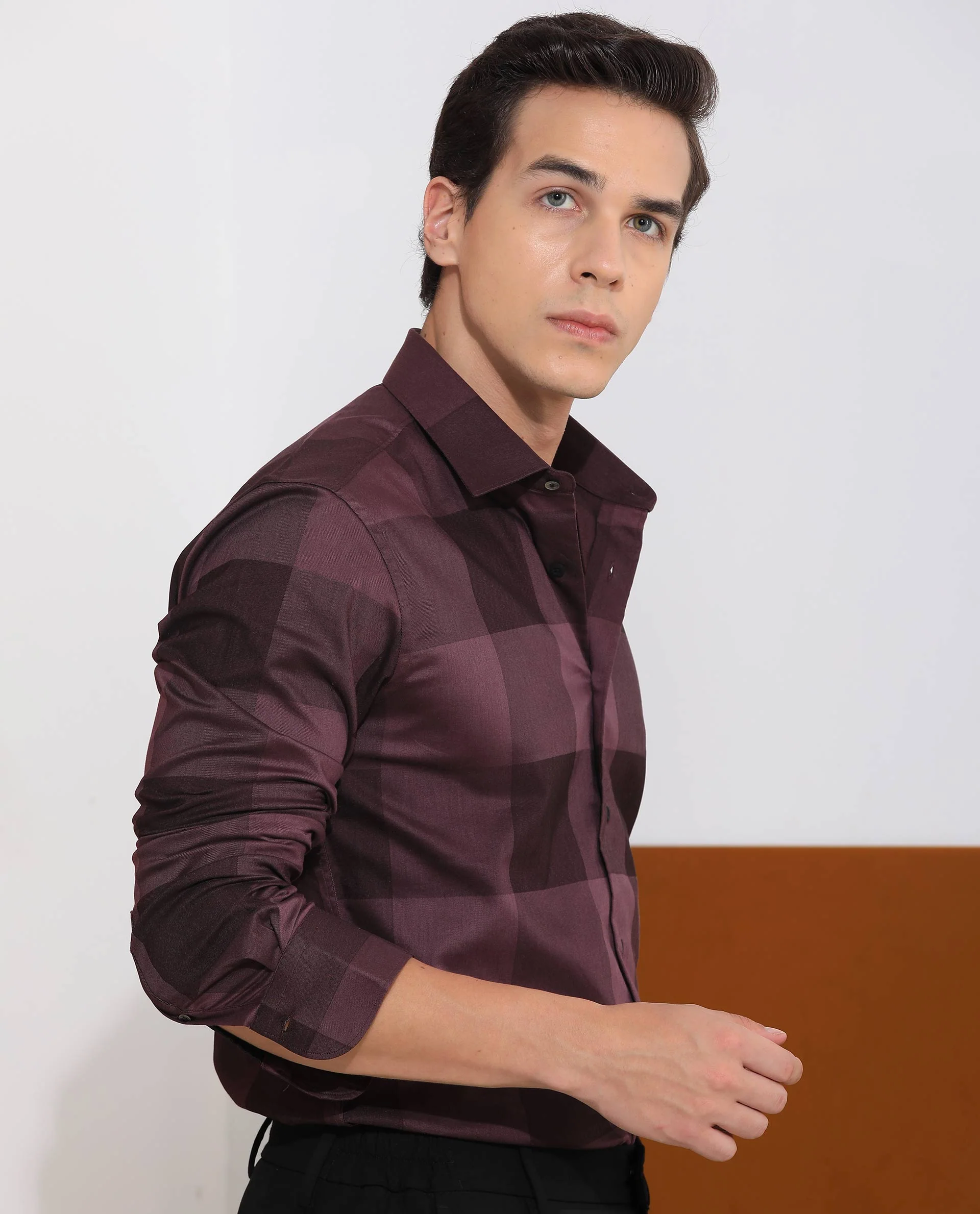 Rare Rabbit Men's Santhe Maroon Cotton Checked Print Regular Fit Full Sleeve Collared Shirt - Image 4