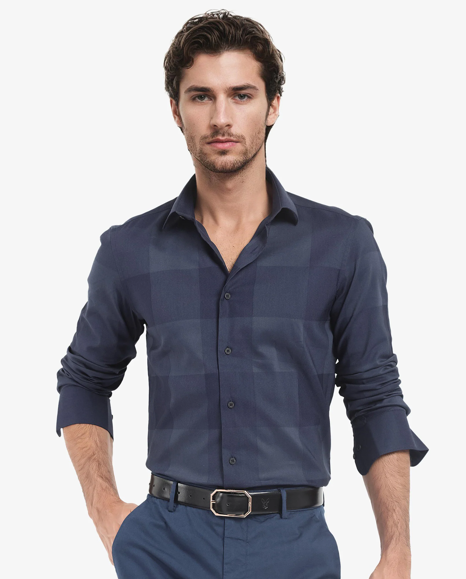 Rare Rabbit Men's Santhe Navy Cotton Checked Print Regular Fit Full Sleeve Collared Shirt - Image 2