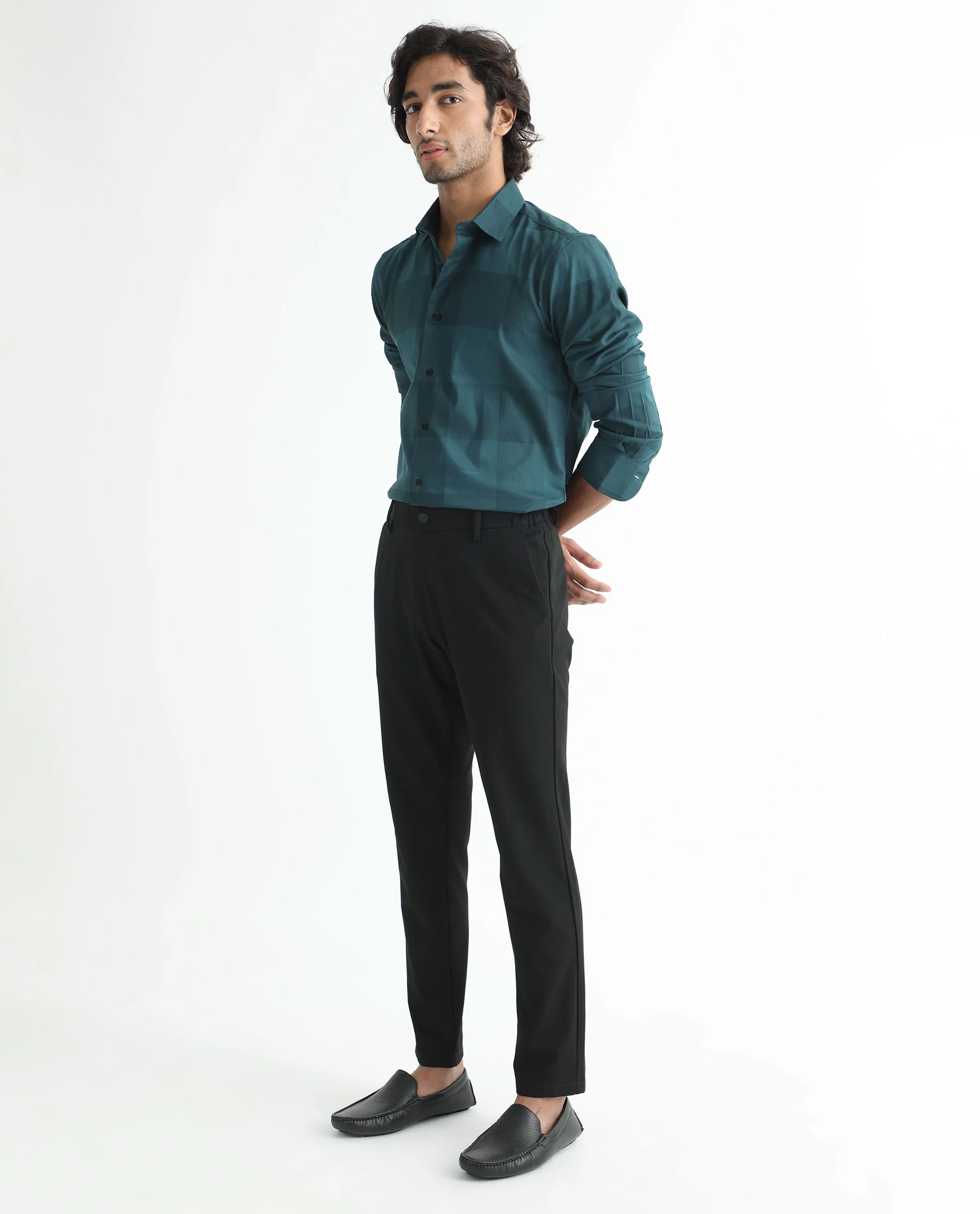 Rare Rabbit Men's Santhe Petrol Cotton Checked Print Regular Fit Full Sleeve Collared Shirt - Image 2