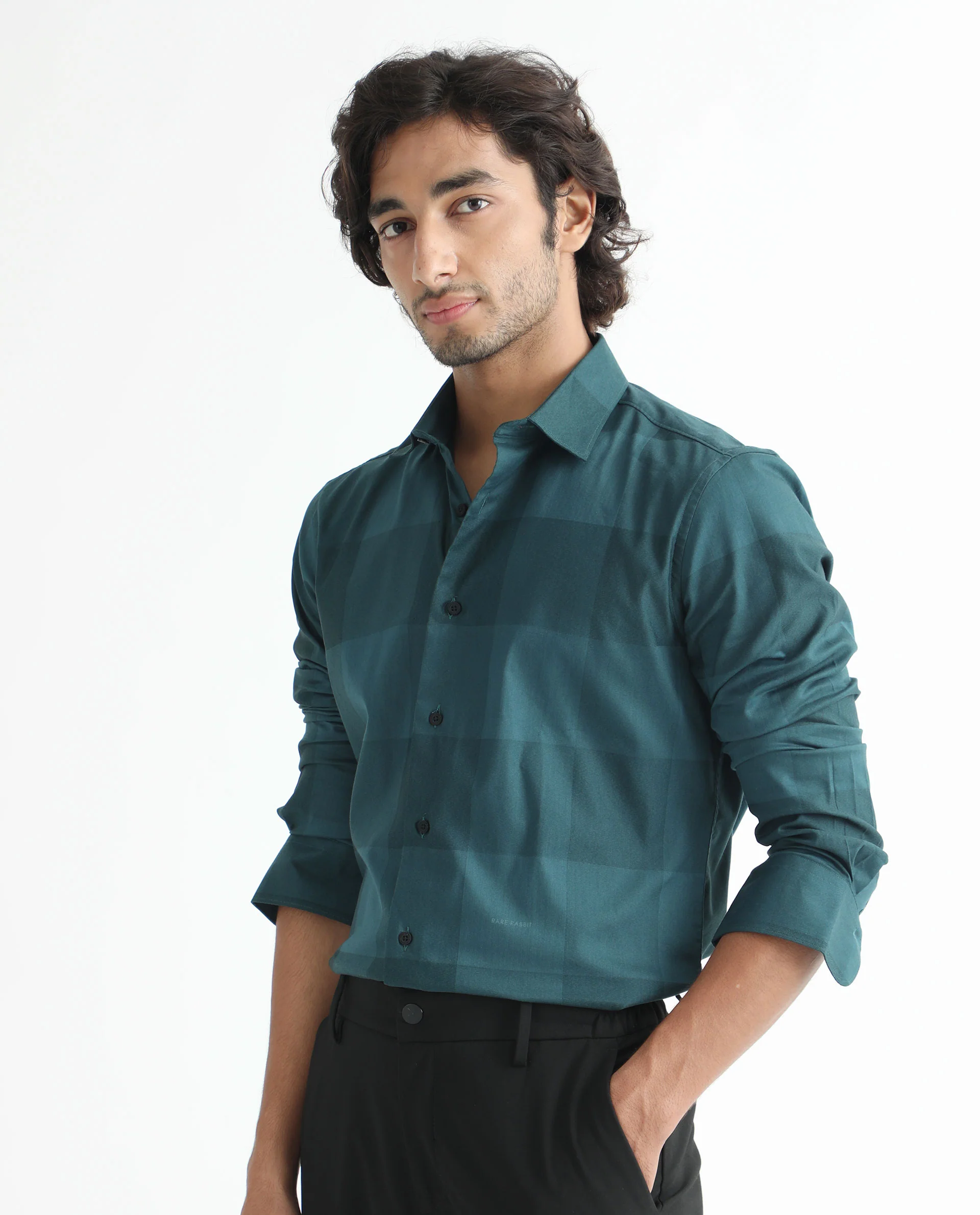 Rare Rabbit Men's Santhe Petrol Cotton Checked Print Regular Fit Full Sleeve Collared Shirt - Image 3