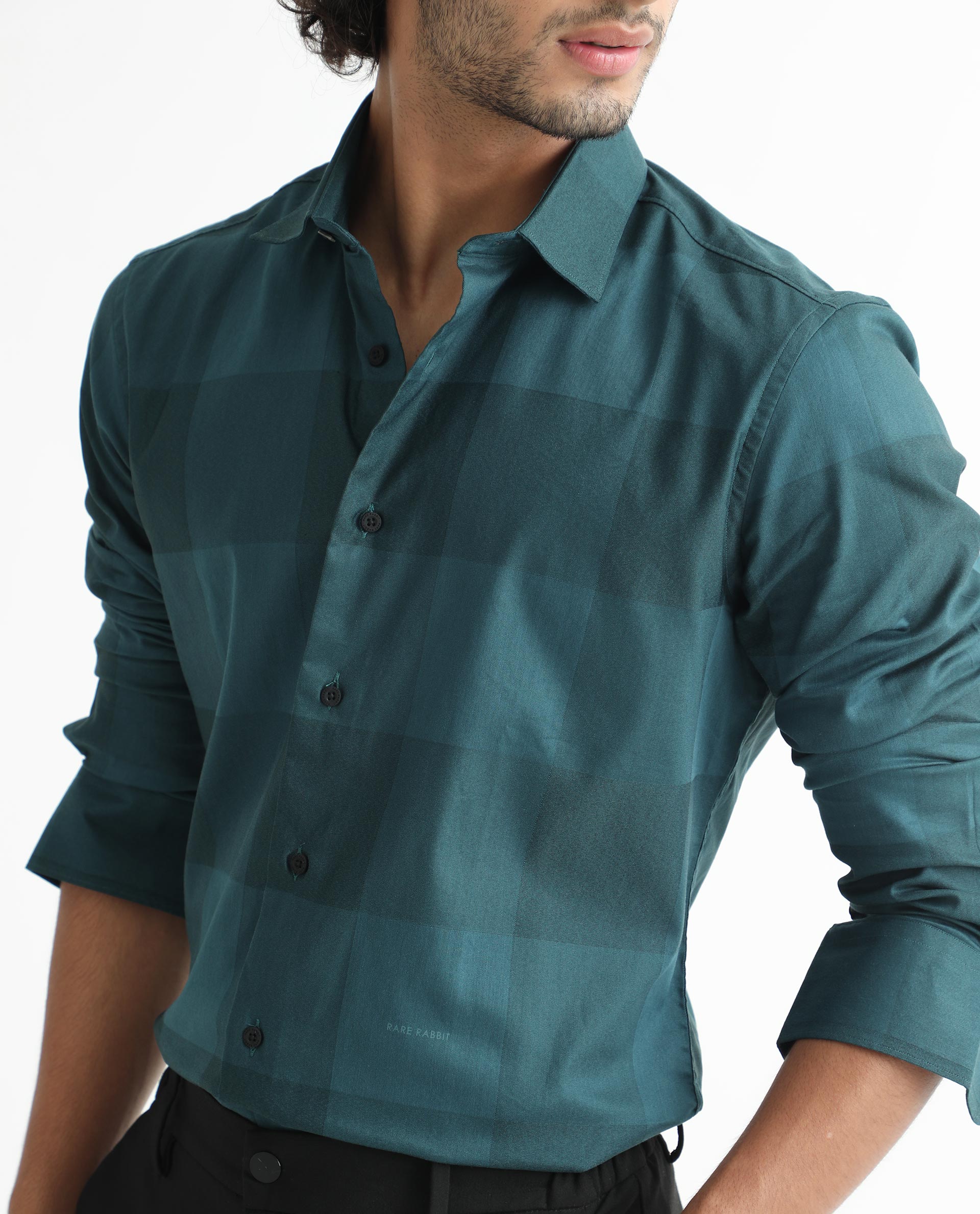 Rare Rabbit Men's Santhe Petrol Cotton Checked Print Regular Fit Full Sleeve Collared Shirt - Image 5