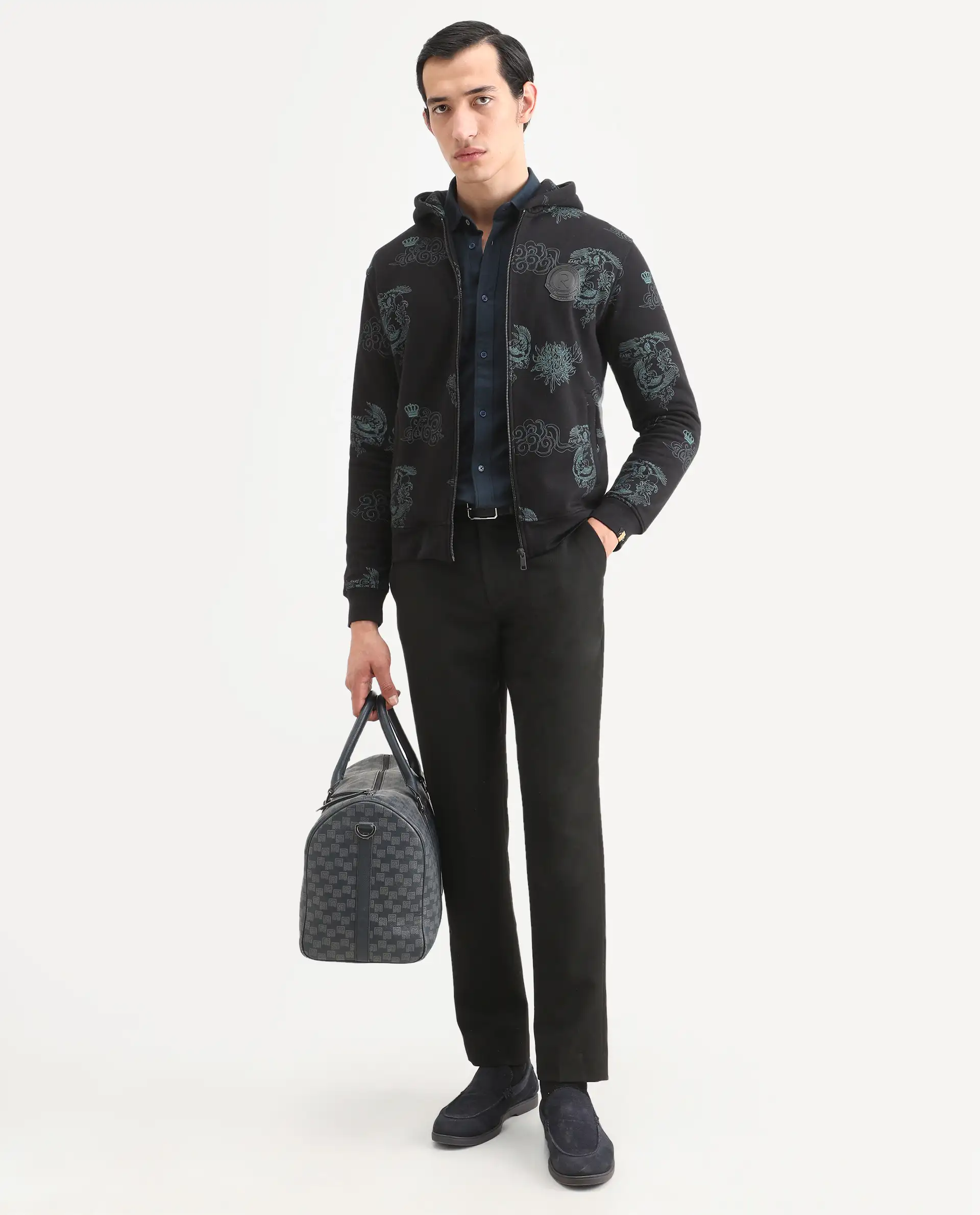 Rare Rabbit Men's Santo Black Cotton Printed Relaxed Fit Full Sleeve Hooded Sweatshirt - Image 2