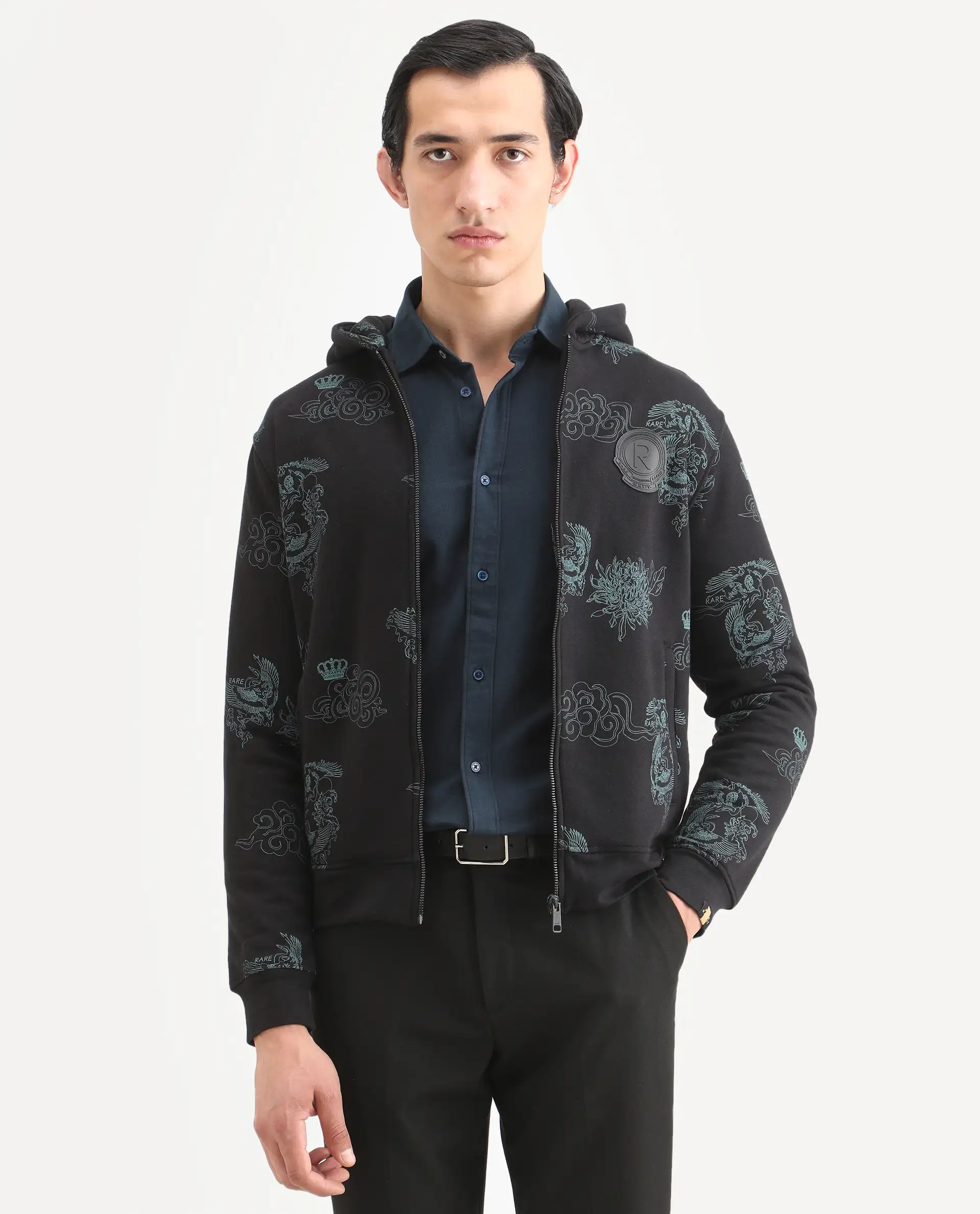 Rare Rabbit Men's Santo Black Cotton Printed Relaxed Fit Full Sleeve Hooded Sweatshirt - Image 3