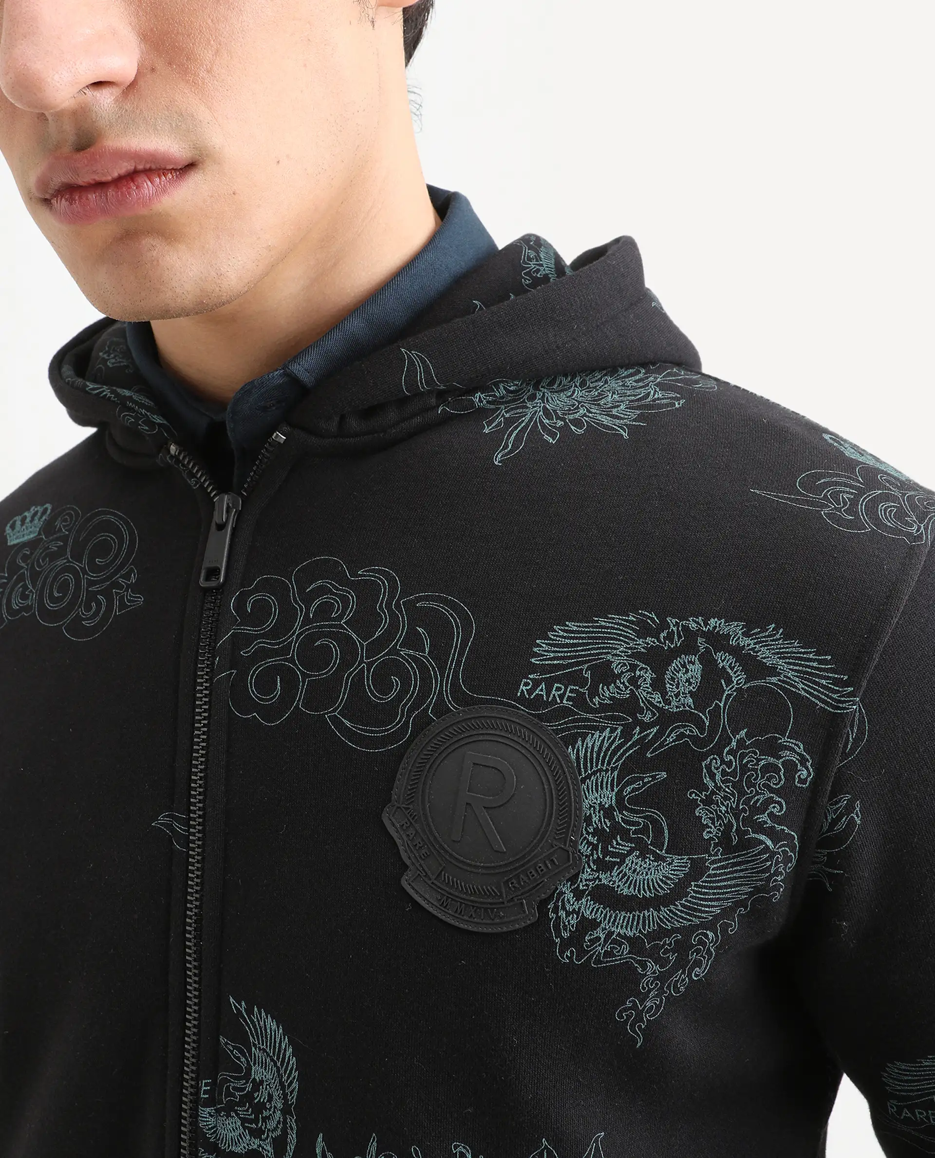 Rare Rabbit Men's Santo Black Cotton Printed Relaxed Fit Full Sleeve Hooded Sweatshirt - Image 4
