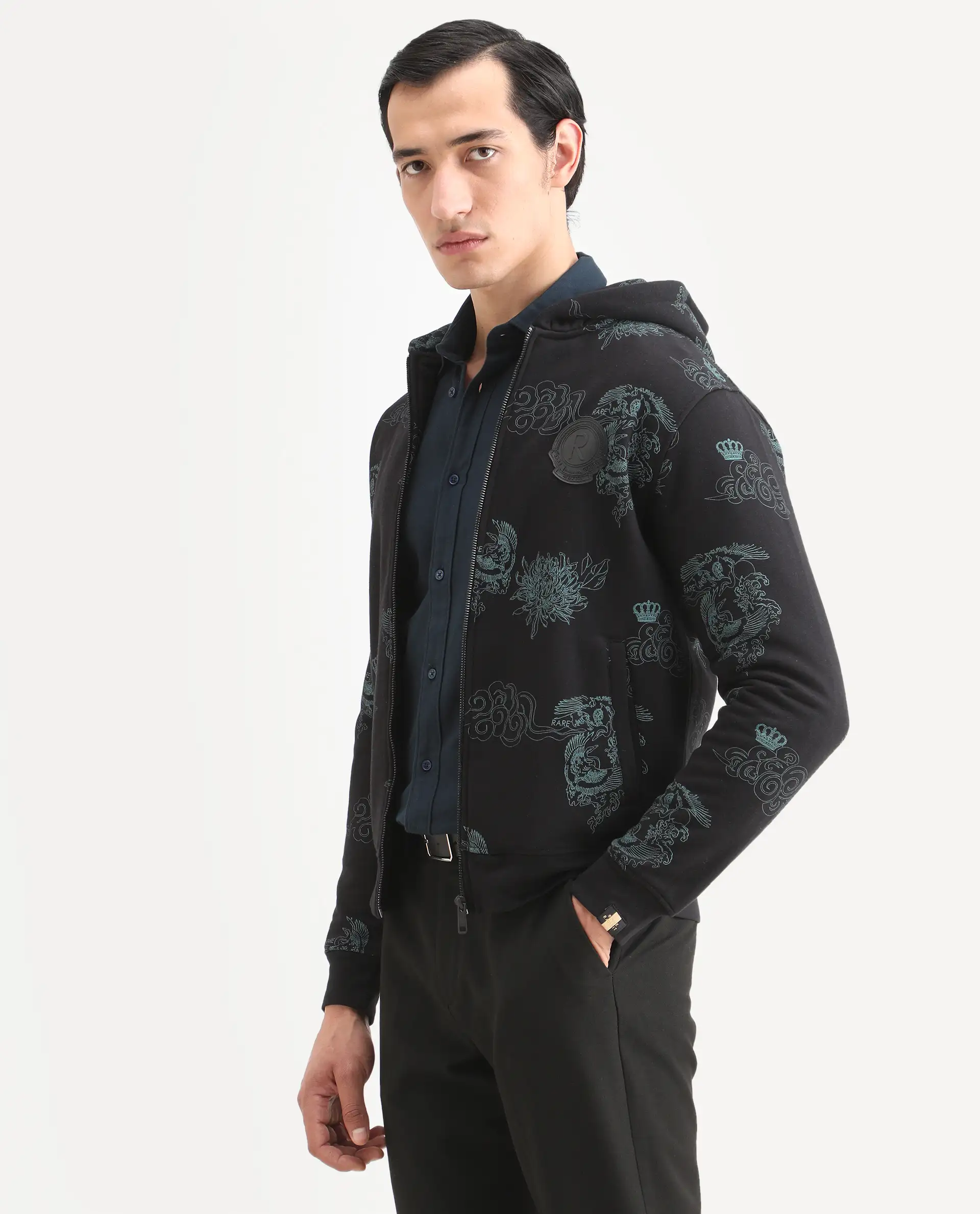 Rare Rabbit Men's Santo Black Cotton Printed Relaxed Fit Full Sleeve Hooded Sweatshirt - Image 5