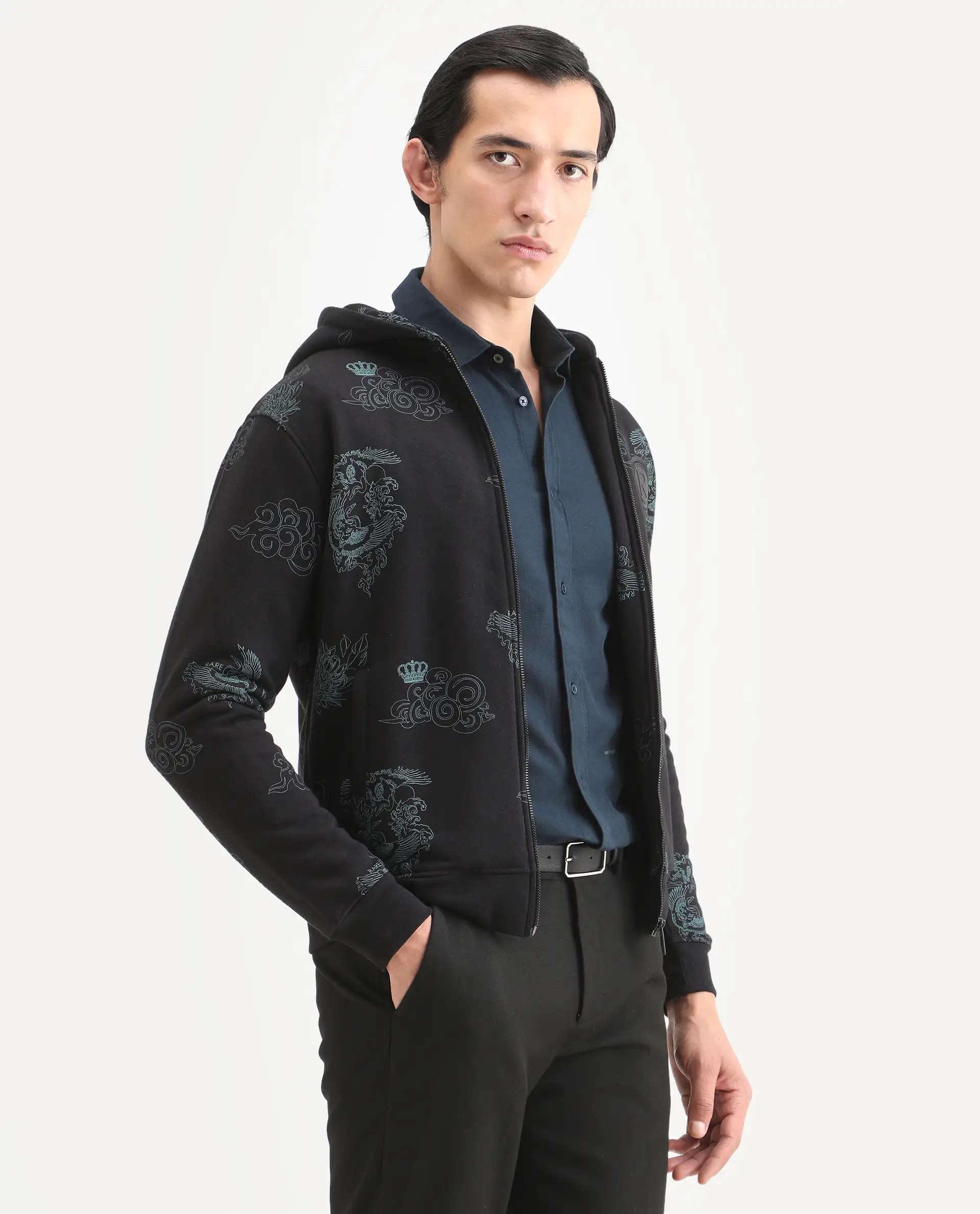Rare Rabbit Men's Santo Black Cotton Printed Relaxed Fit Full Sleeve Hooded Sweatshirt - Image 6