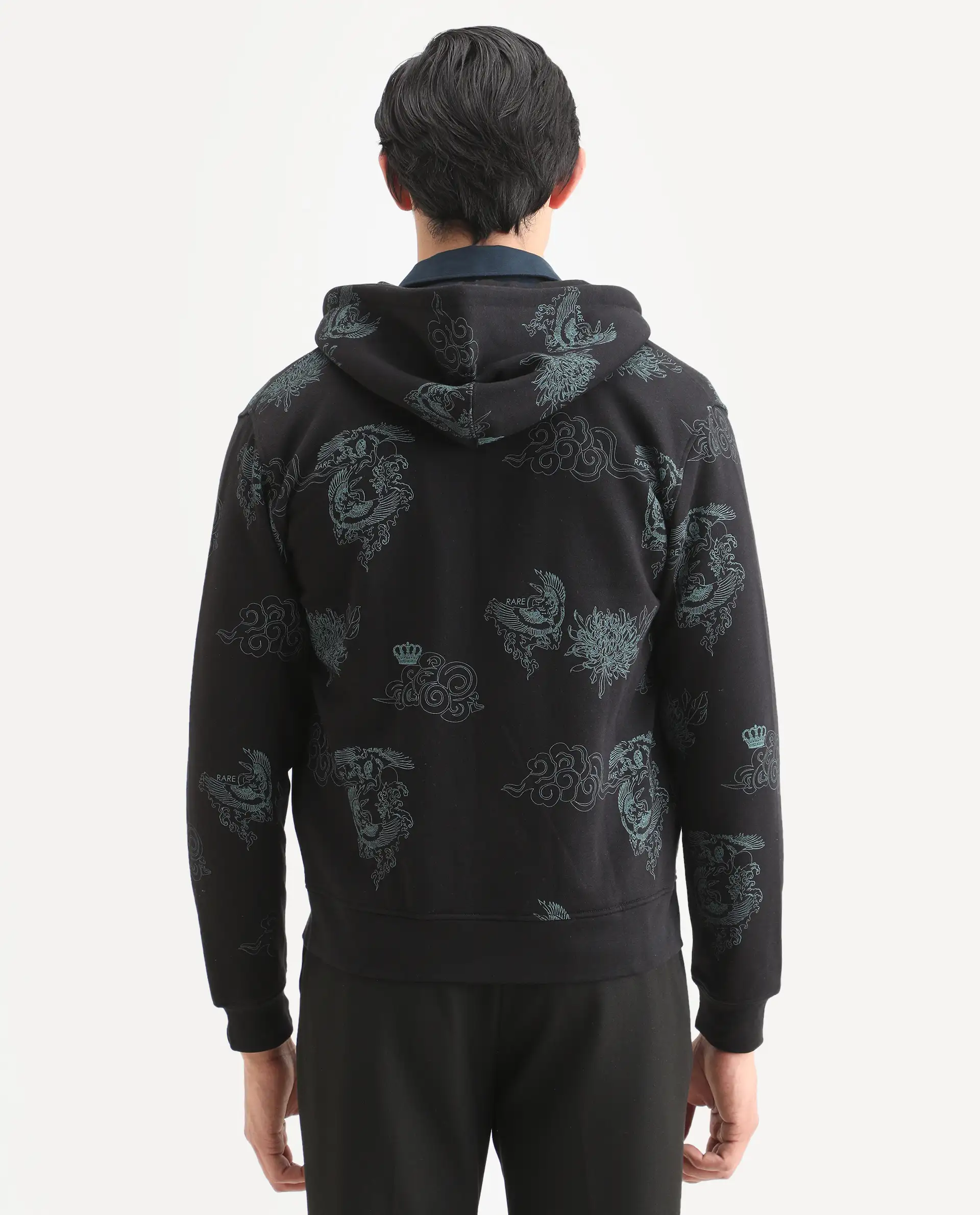 Rare Rabbit Men's Santo Black Cotton Printed Relaxed Fit Full Sleeve Hooded Sweatshirt - Image 7