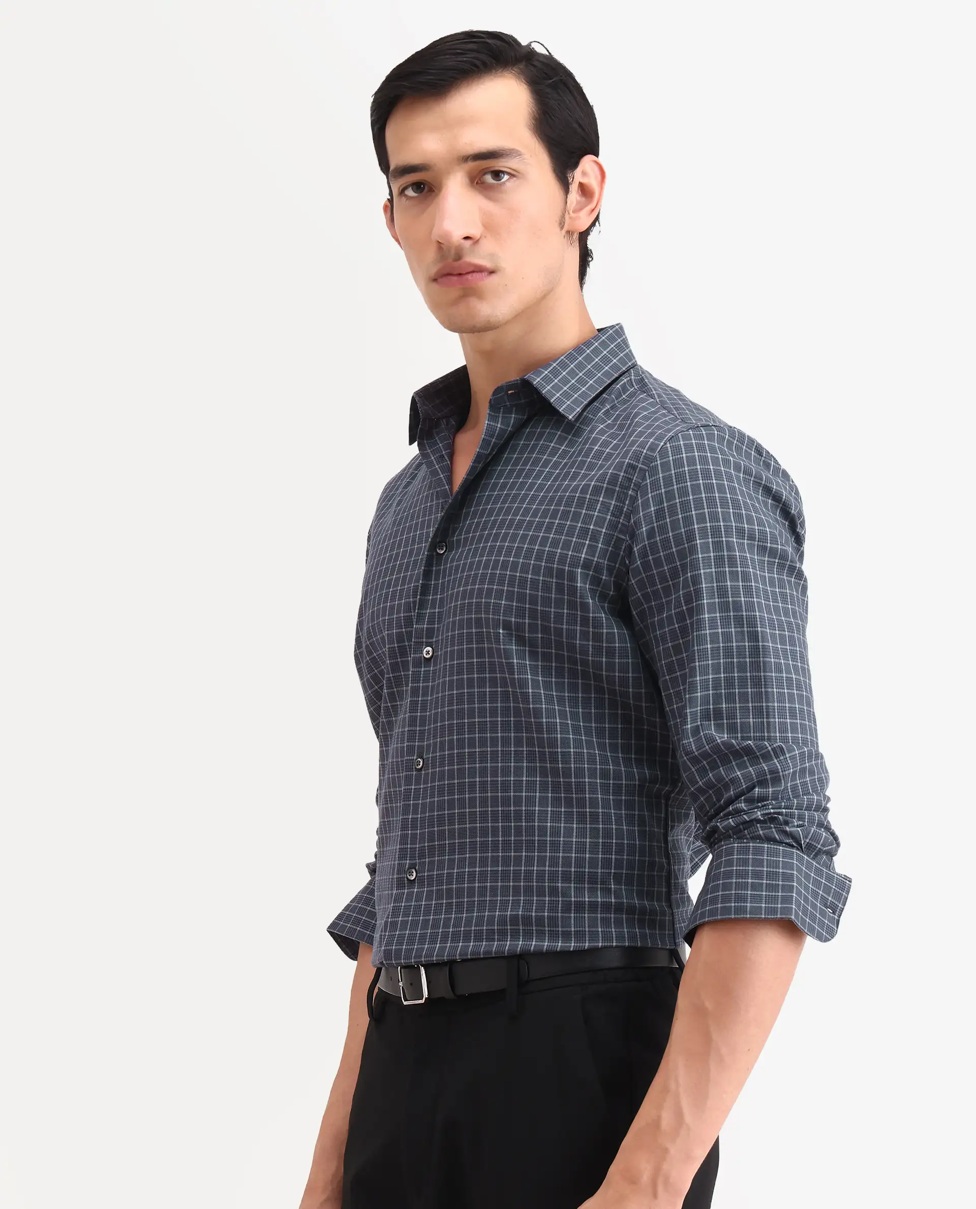 Rare Rabbit Men's Sapar Blue Cotton Fabric Full Sleeve Spread Collar Regular Fit Checked Shirt - Image 3
