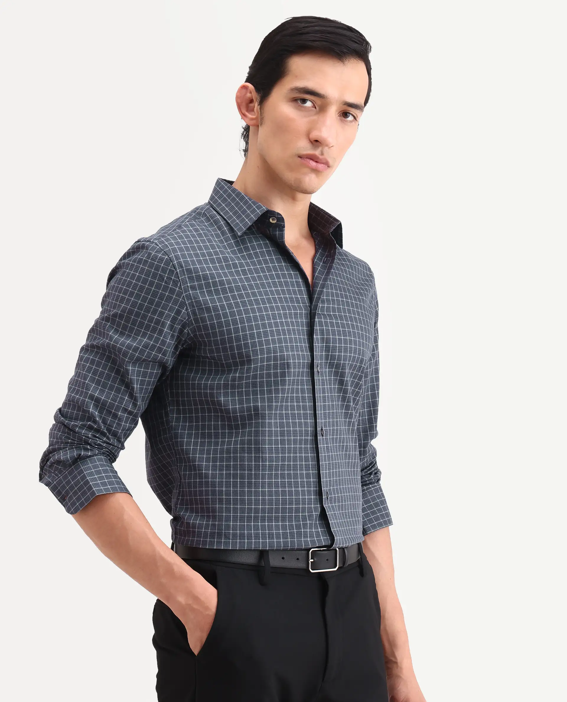 Rare Rabbit Men's Sapar Blue Cotton Fabric Full Sleeve Spread Collar Regular Fit Checked Shirt - Image 4