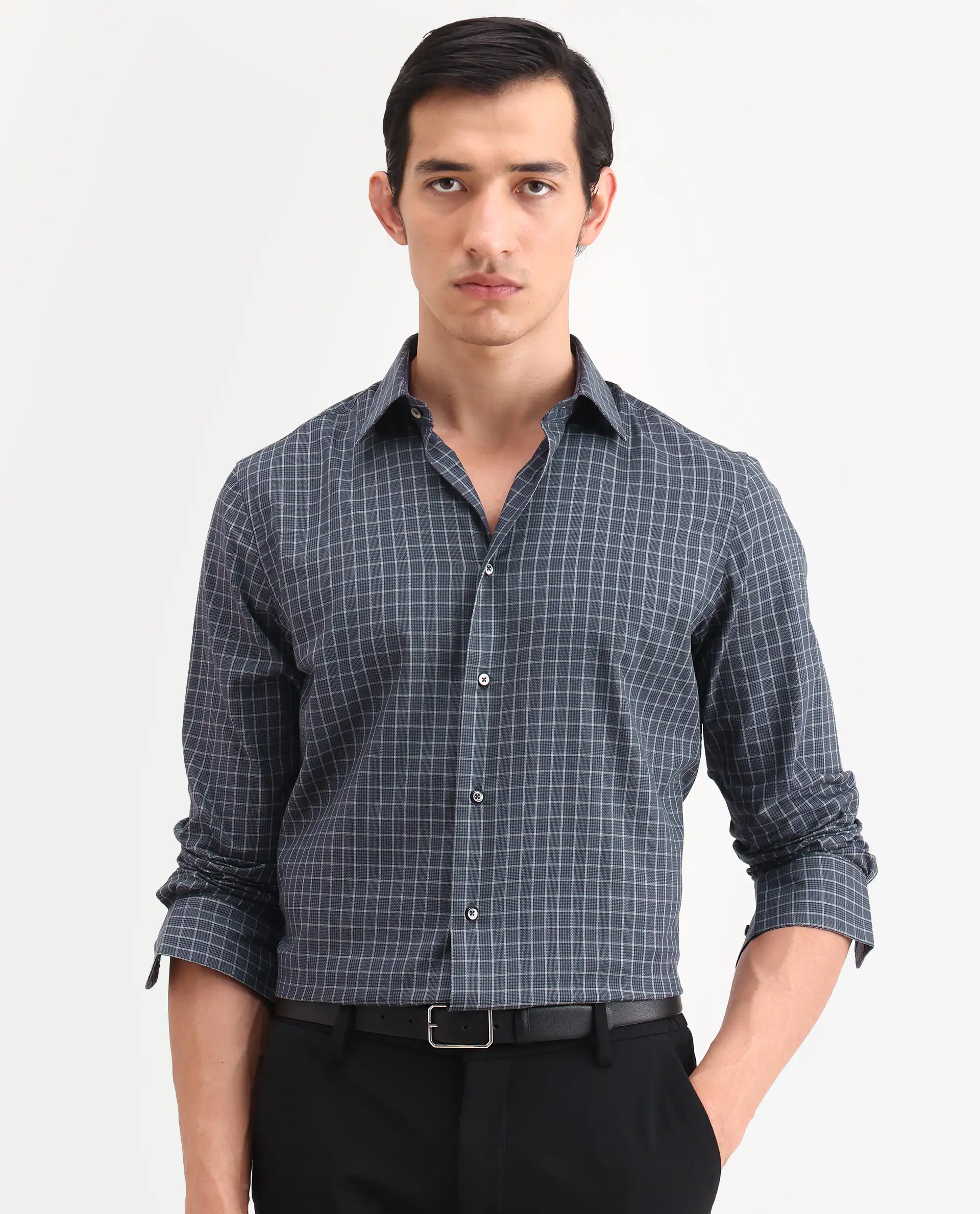 Rare Rabbit Men's Sapar Blue Cotton Fabric Full Sleeve Spread Collar Regular Fit Checked Shirt - Image 5