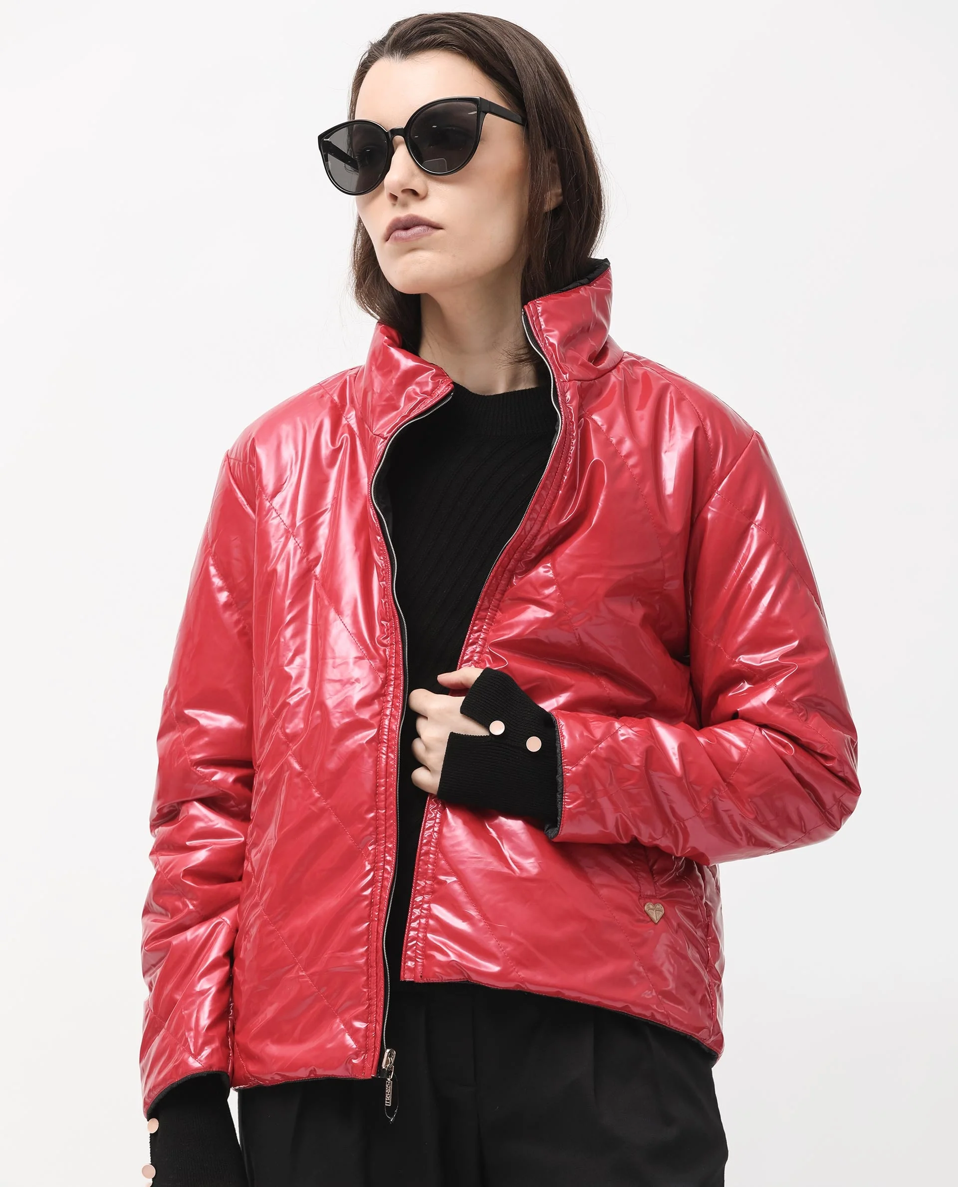 Rareism Women's Sapel Black Polyester High Neck Plain Regular Fit Jacket - Image 4
