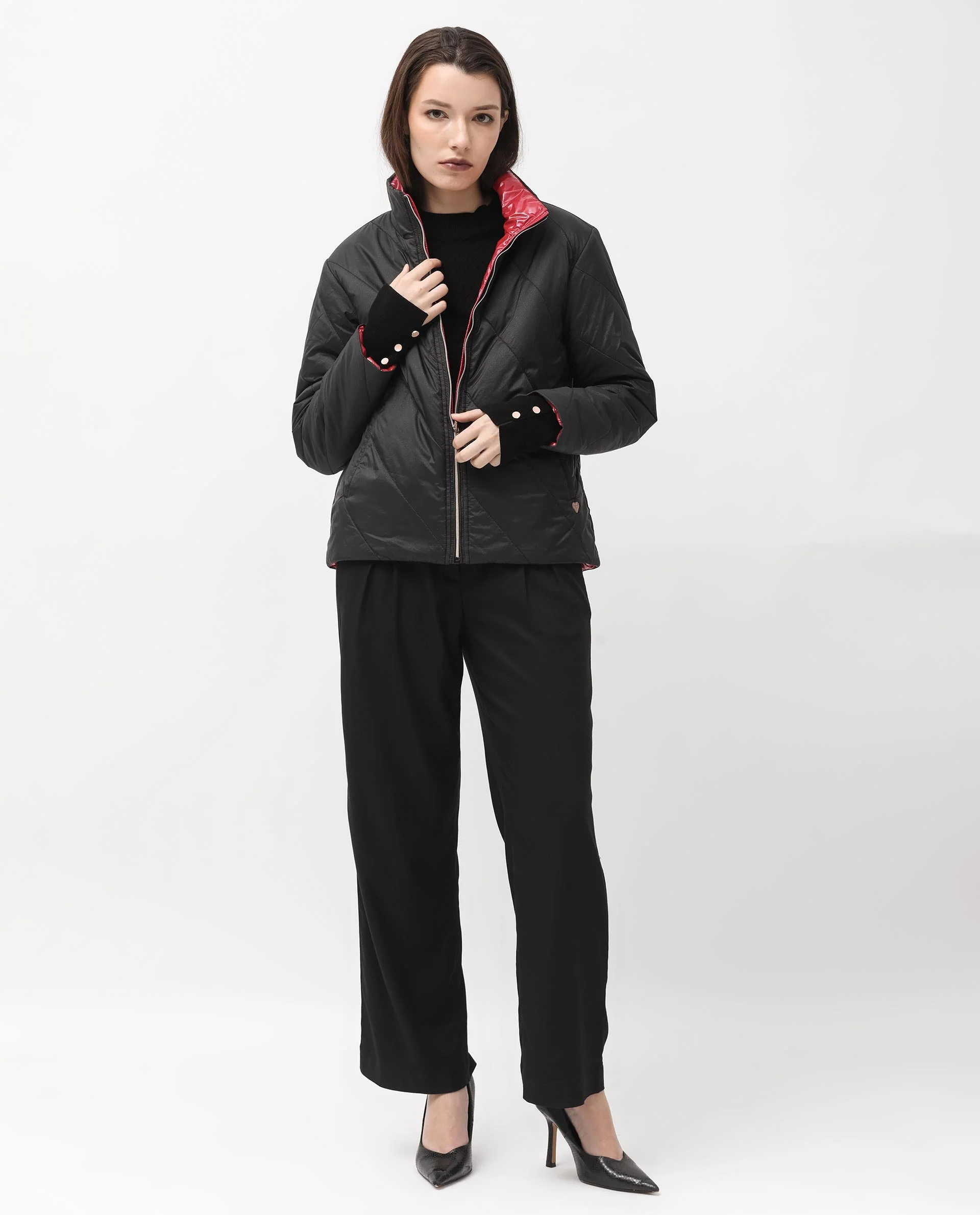 Rareism Women's Sapel Black Polyester High Neck Plain Regular Fit Jacket - Image 7