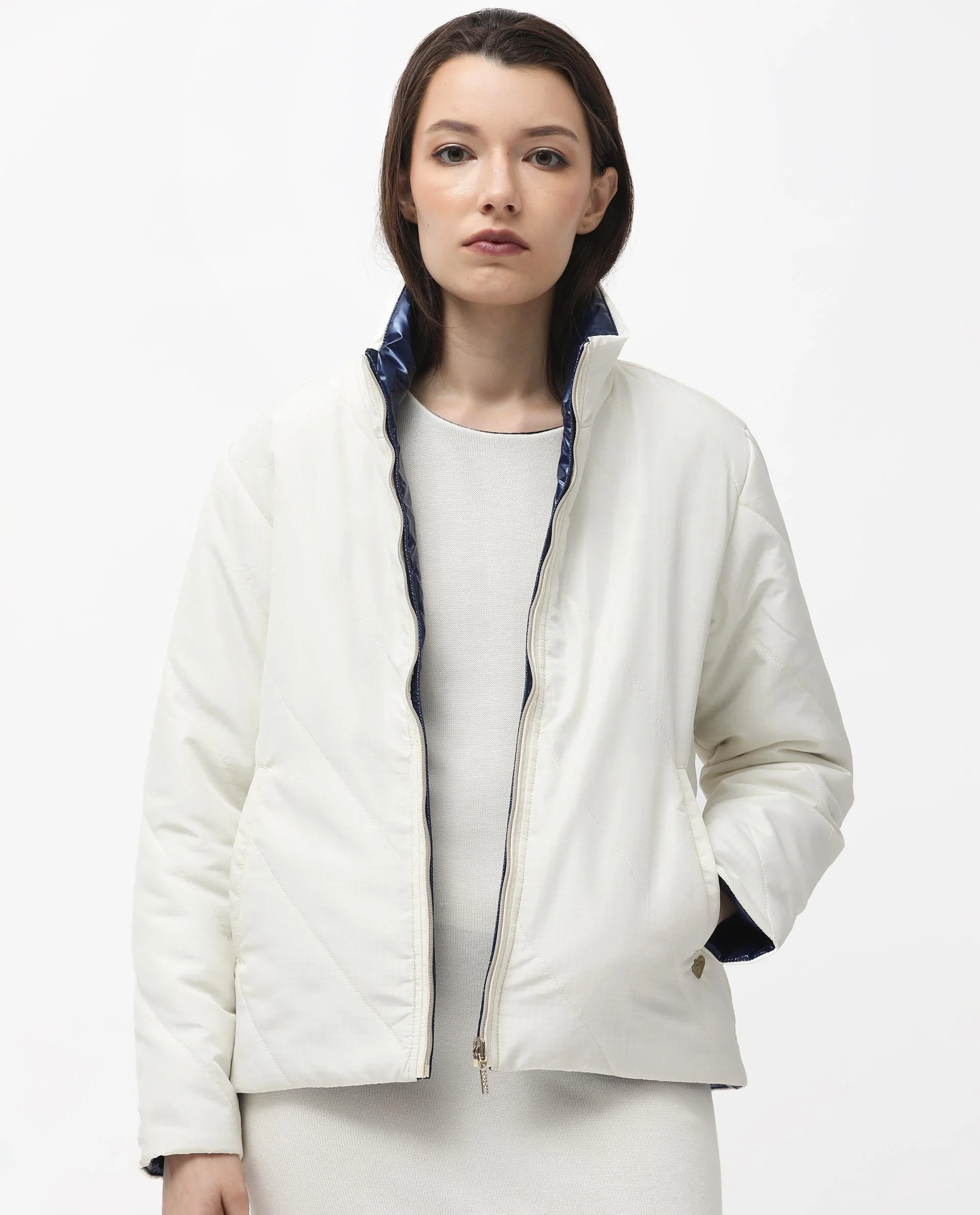 Rareism Women's Sapel Off White Polyester High Neck Plain Regular Fit Jacket