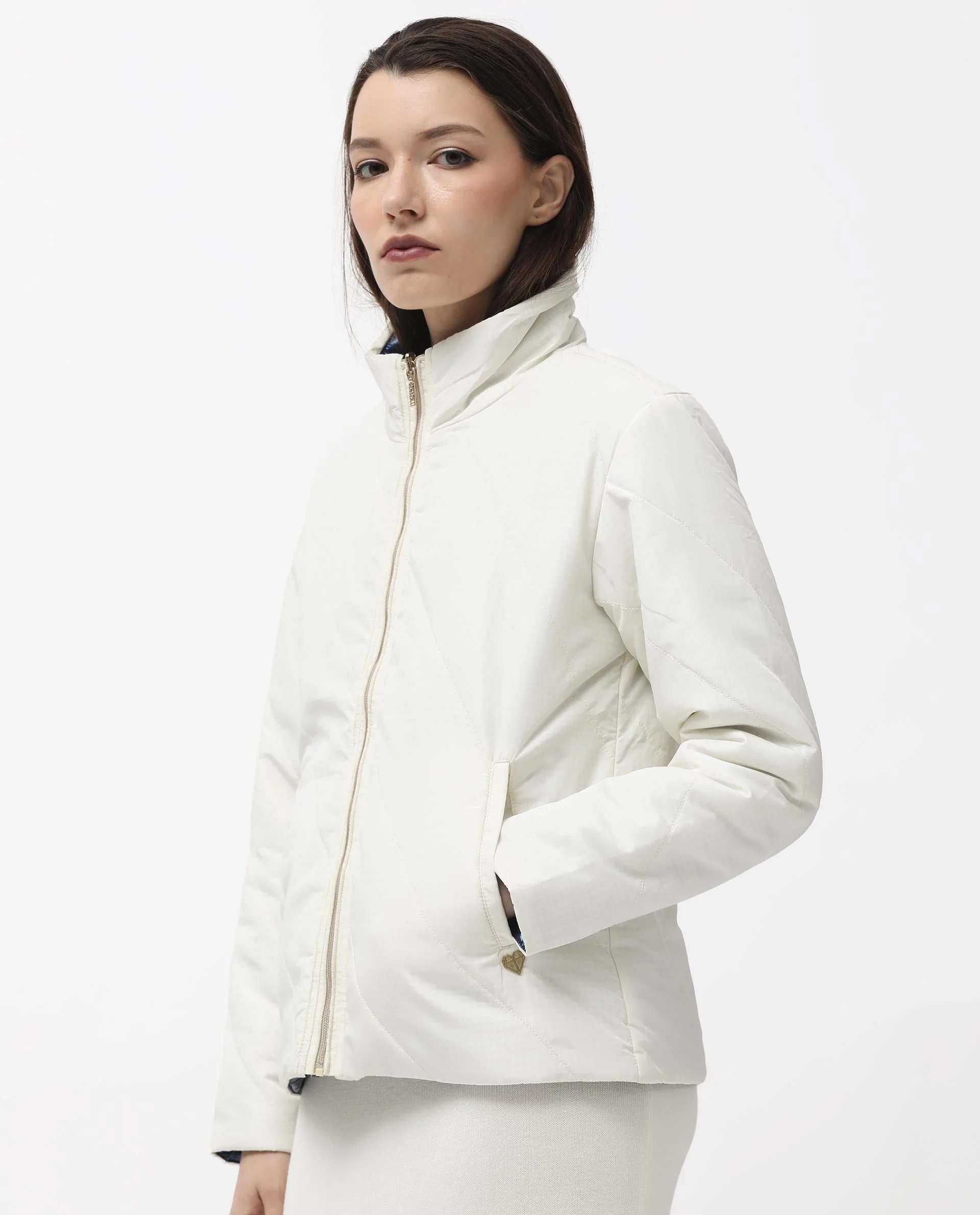 Rareism Women's Sapel Off White Polyester High Neck Plain Regular Fit Jacket - Image 10