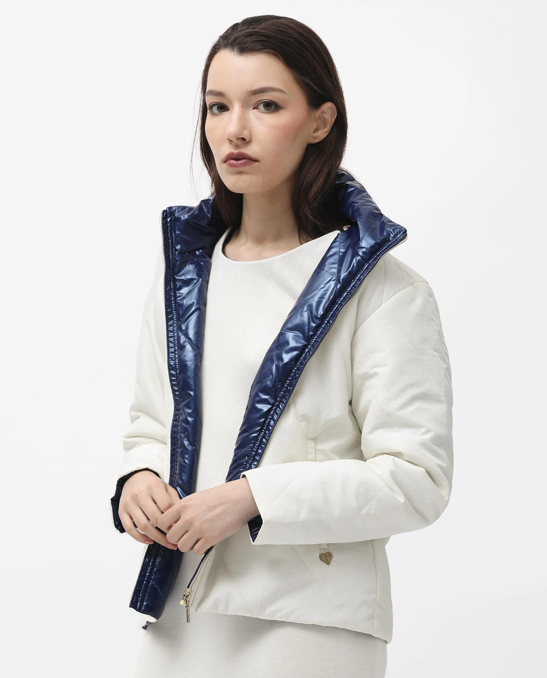 Rareism Women's Sapel Off White Polyester High Neck Plain Regular Fit Jacket - Image 11