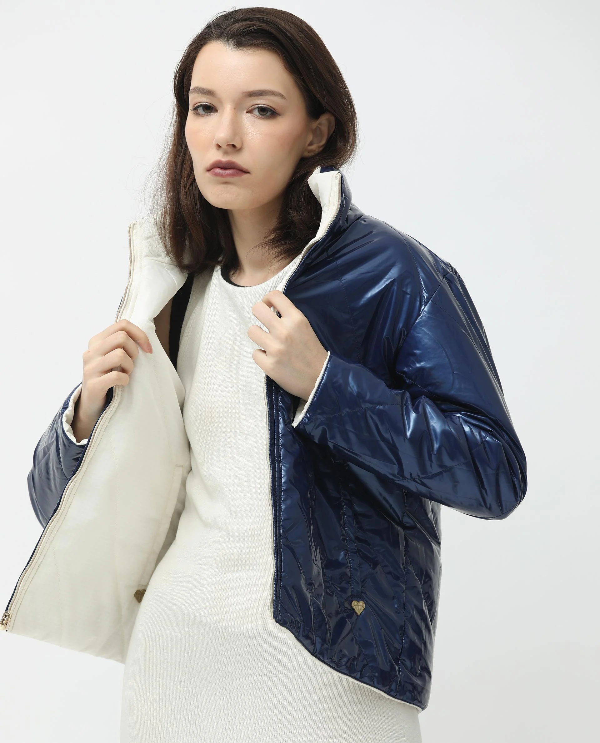 Rareism Women's Sapel Off White Polyester High Neck Plain Regular Fit Jacket - Image 12