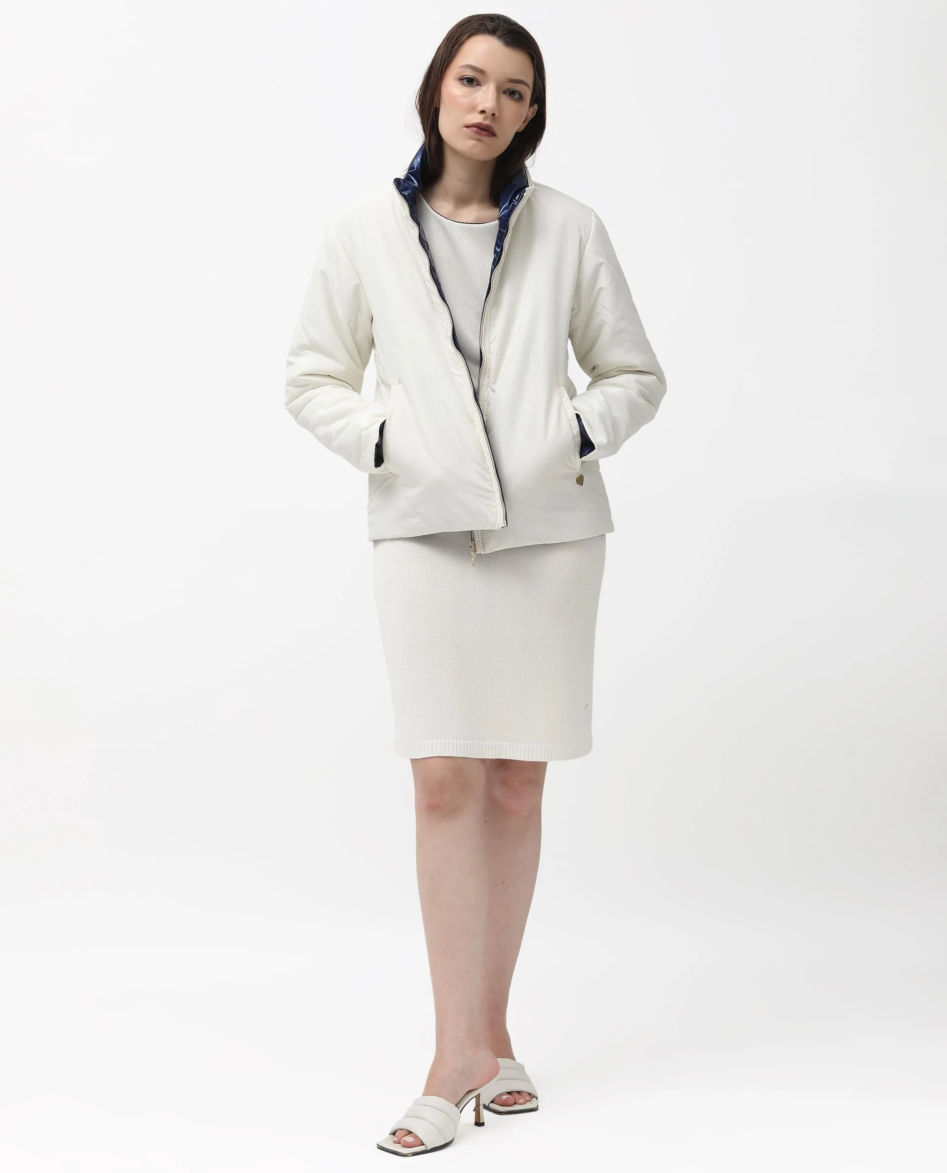 Rareism Women's Sapel Off White Polyester High Neck Plain Regular Fit Jacket - Image 2