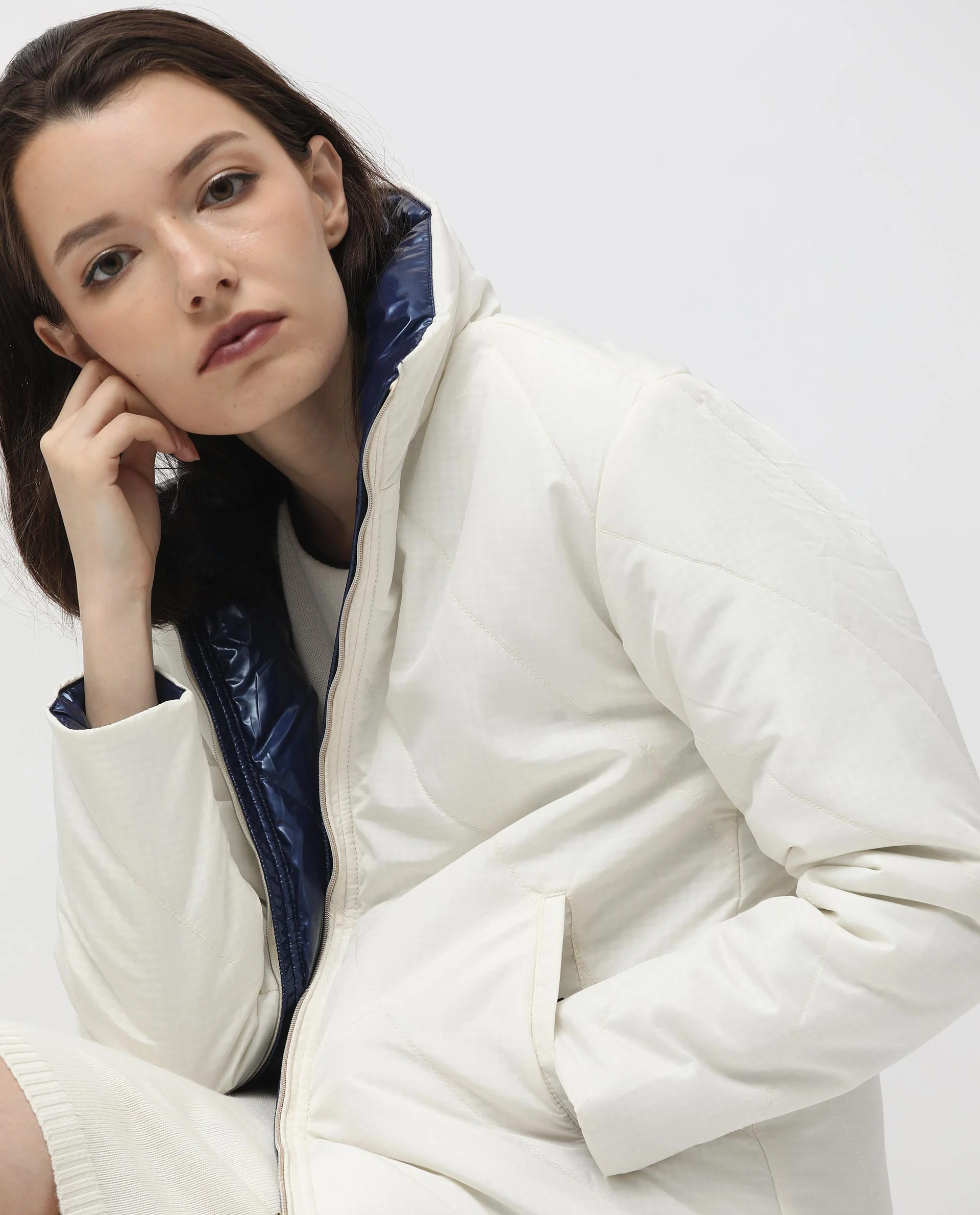 Rareism Women's Sapel Off White Polyester High Neck Plain Regular Fit Jacket - Image 3
