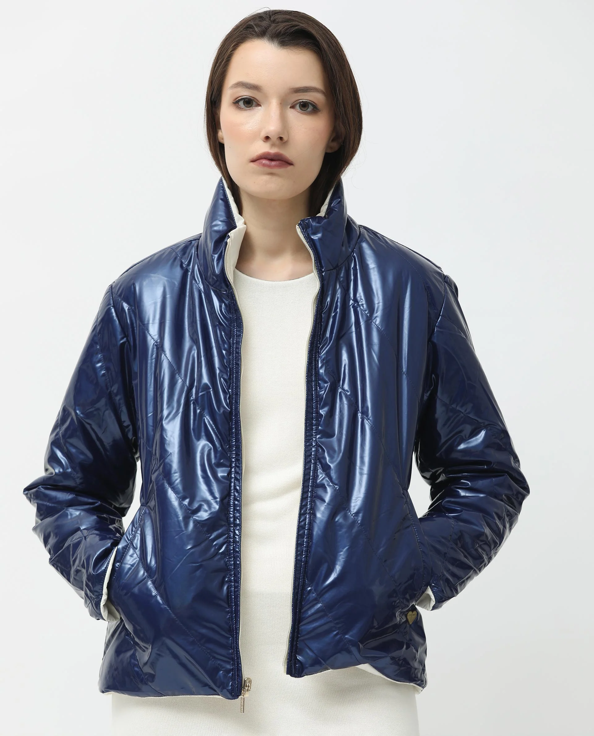 Rareism Women's Sapel Off White Polyester High Neck Plain Regular Fit Jacket - Image 4
