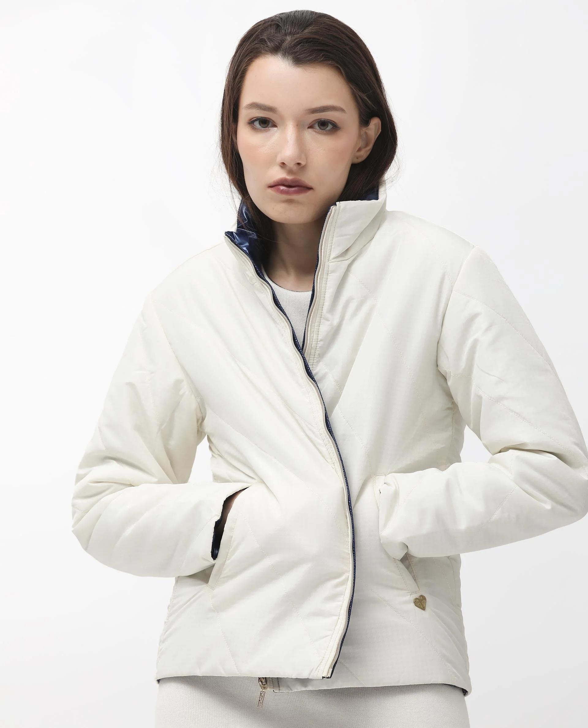 Rareism Women's Sapel Off White Polyester High Neck Plain Regular Fit Jacket - Image 5