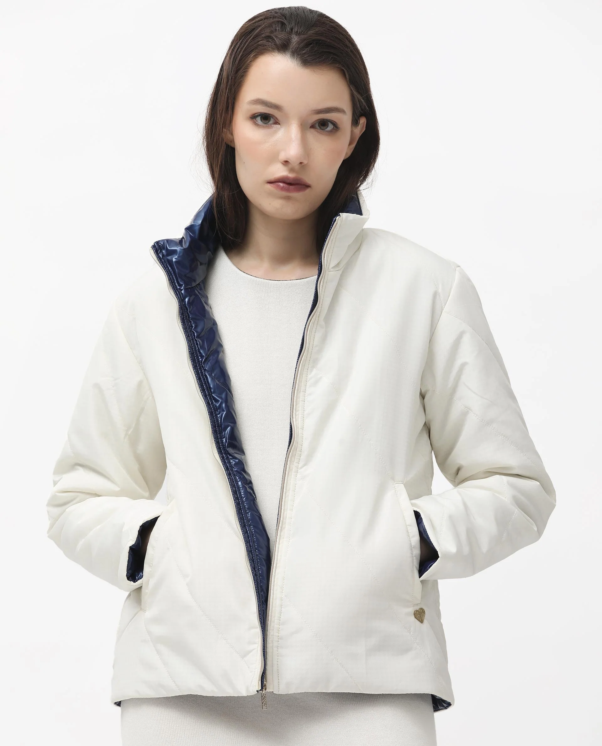 Rareism Women's Sapel Off White Polyester High Neck Plain Regular Fit Jacket - Image 7