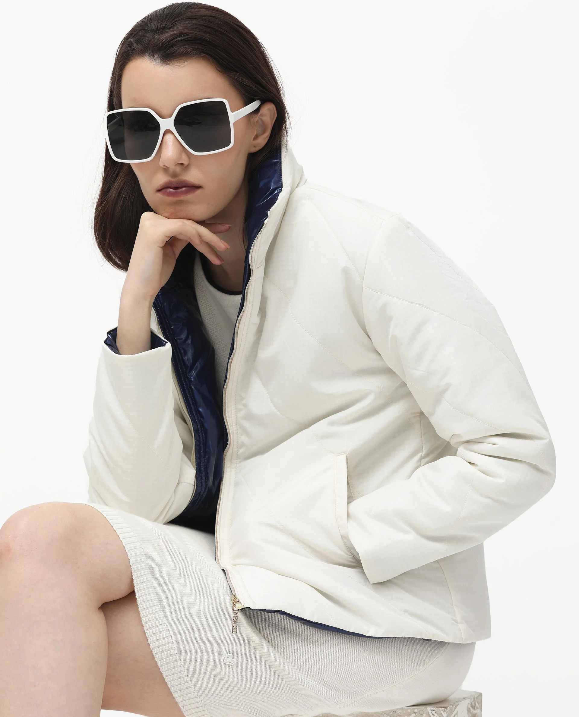 Rareism Women's Sapel Off White Polyester High Neck Plain Regular Fit Jacket - Image 9
