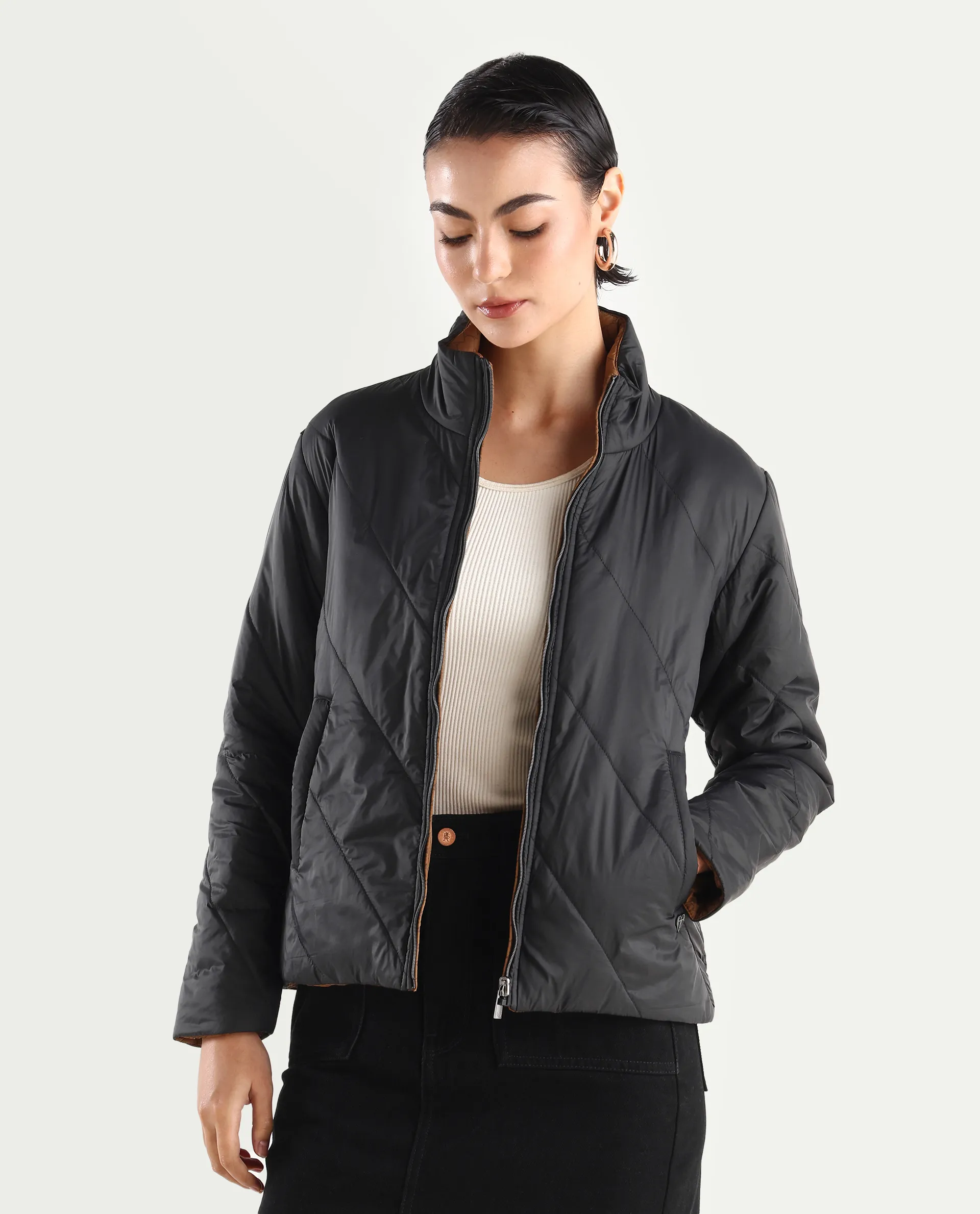 Rareism Women's Sapell Black Stand Collar Monogram Print Boxy Fit Jacket - Image 3