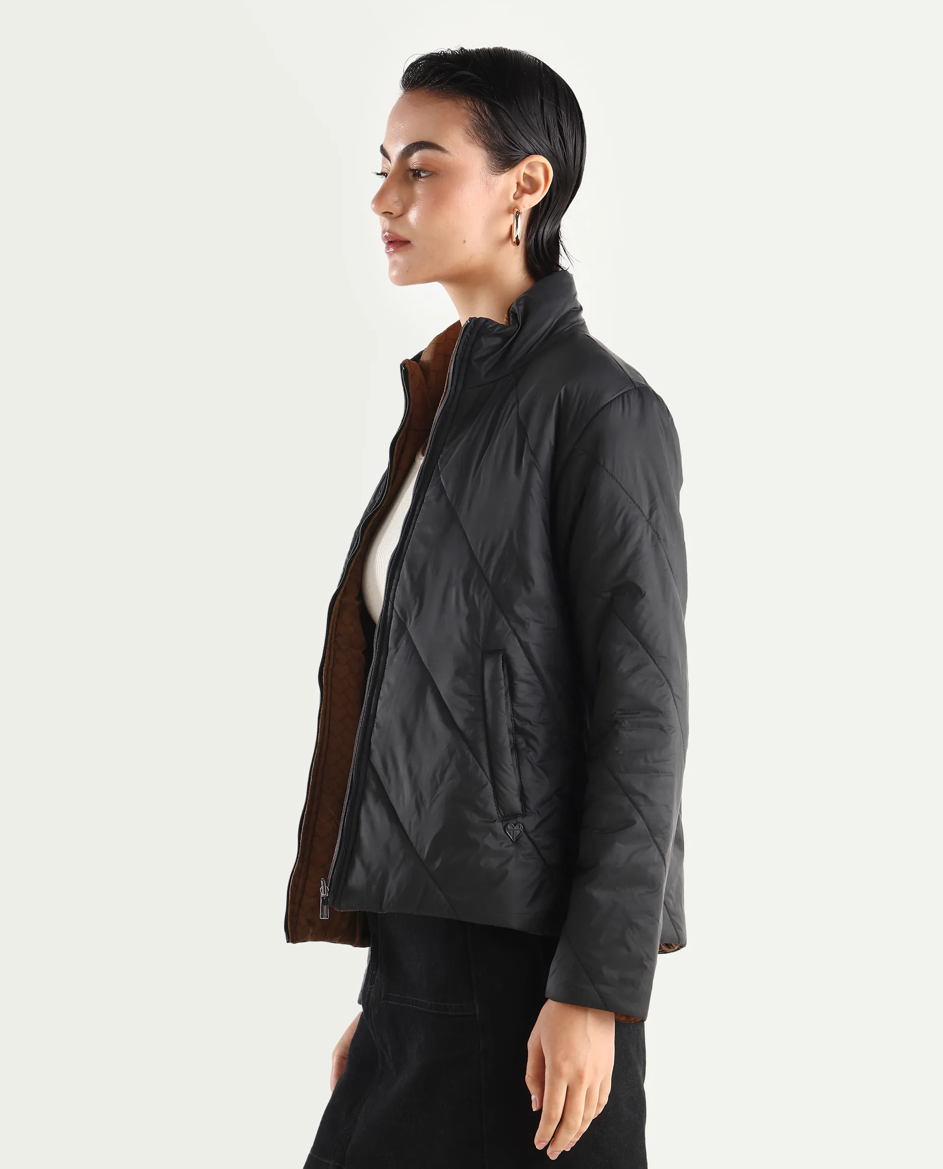 Rareism Women's Sapell Black Stand Collar Monogram Print Boxy Fit Jacket - Image 5