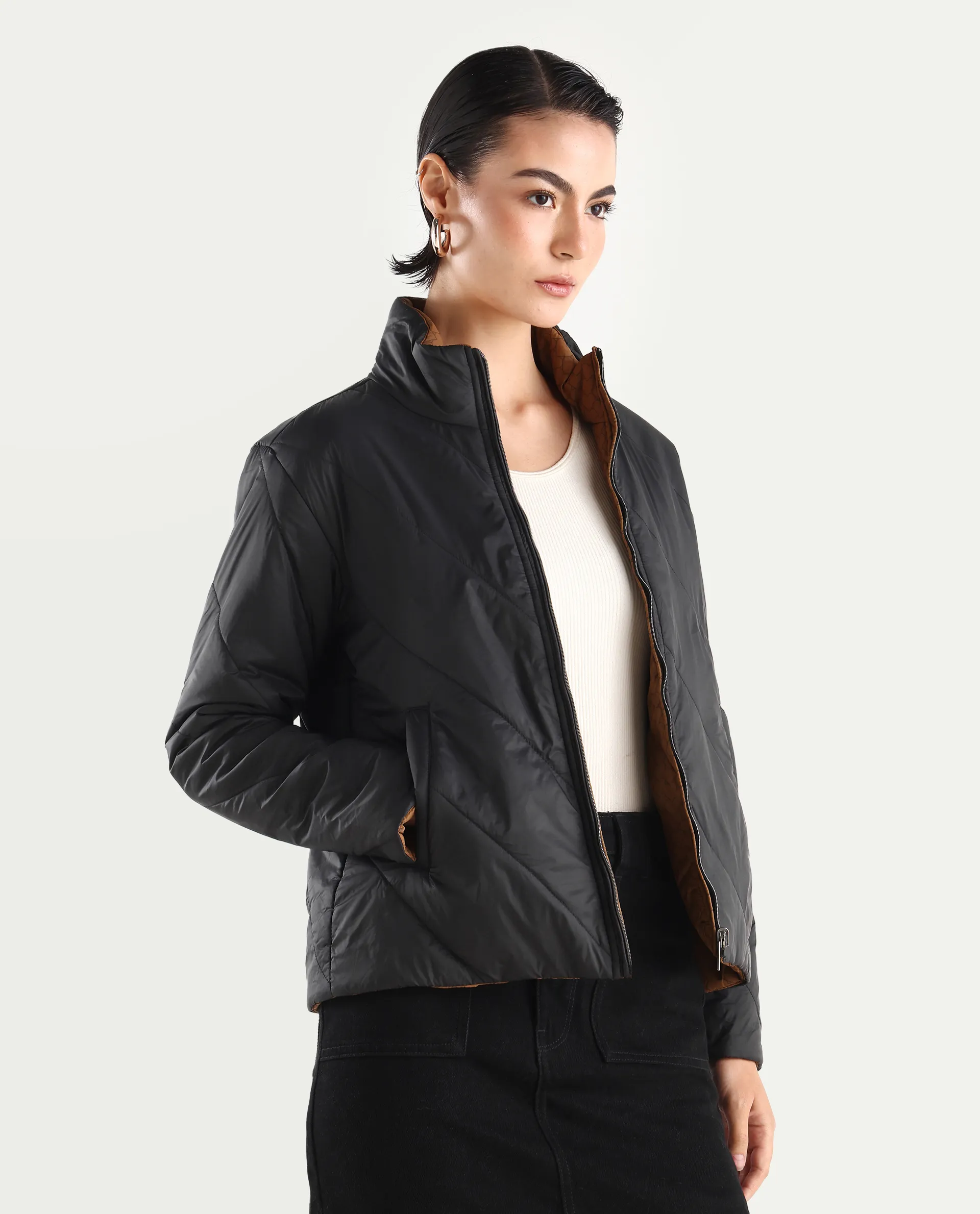 Rareism Women's Sapell Black Stand Collar Monogram Print Boxy Fit Jacket - Image 6