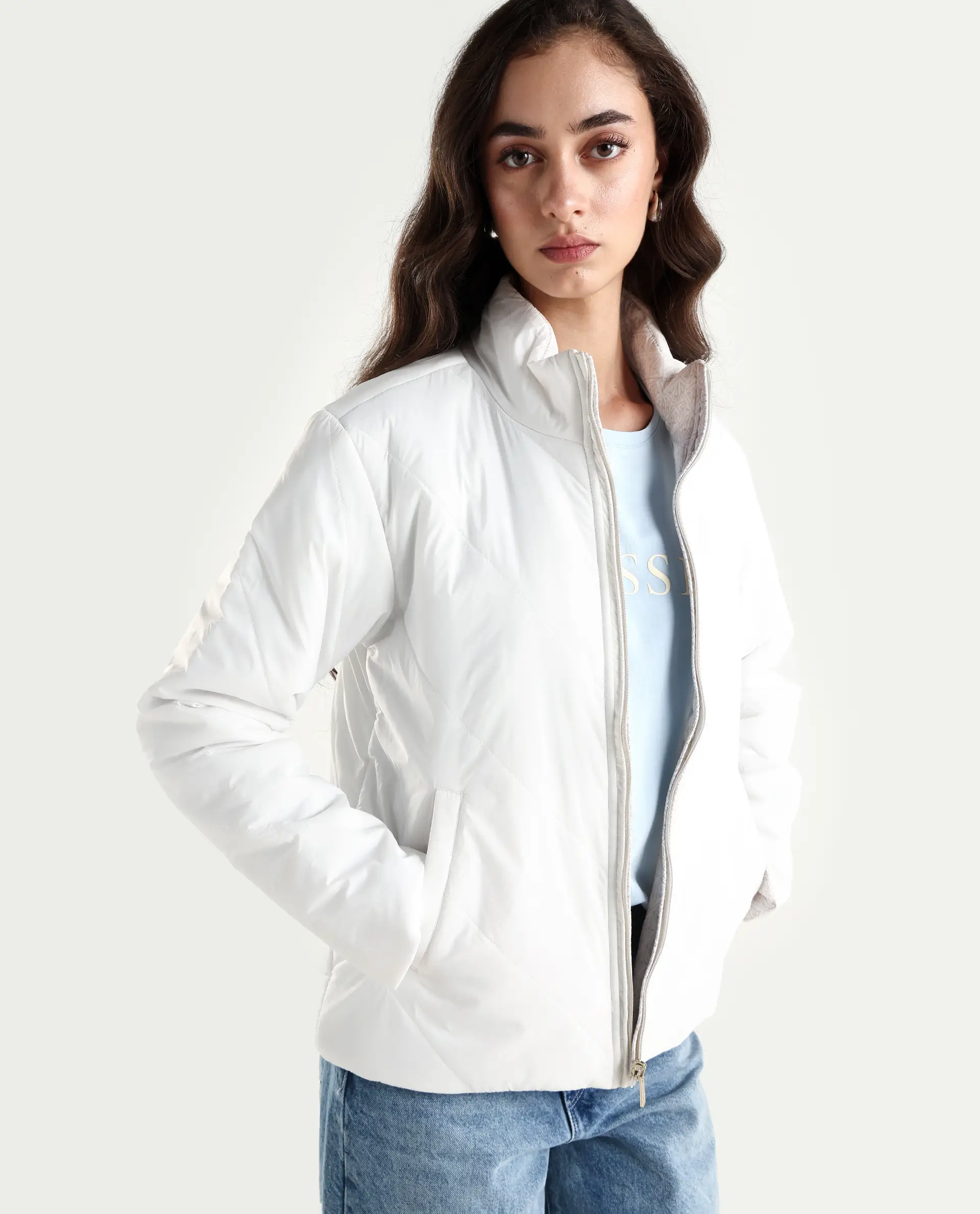 Rareism Women's Sapell Off White Polyester Stand Collar Geometric Print Boxy Fit Jacket