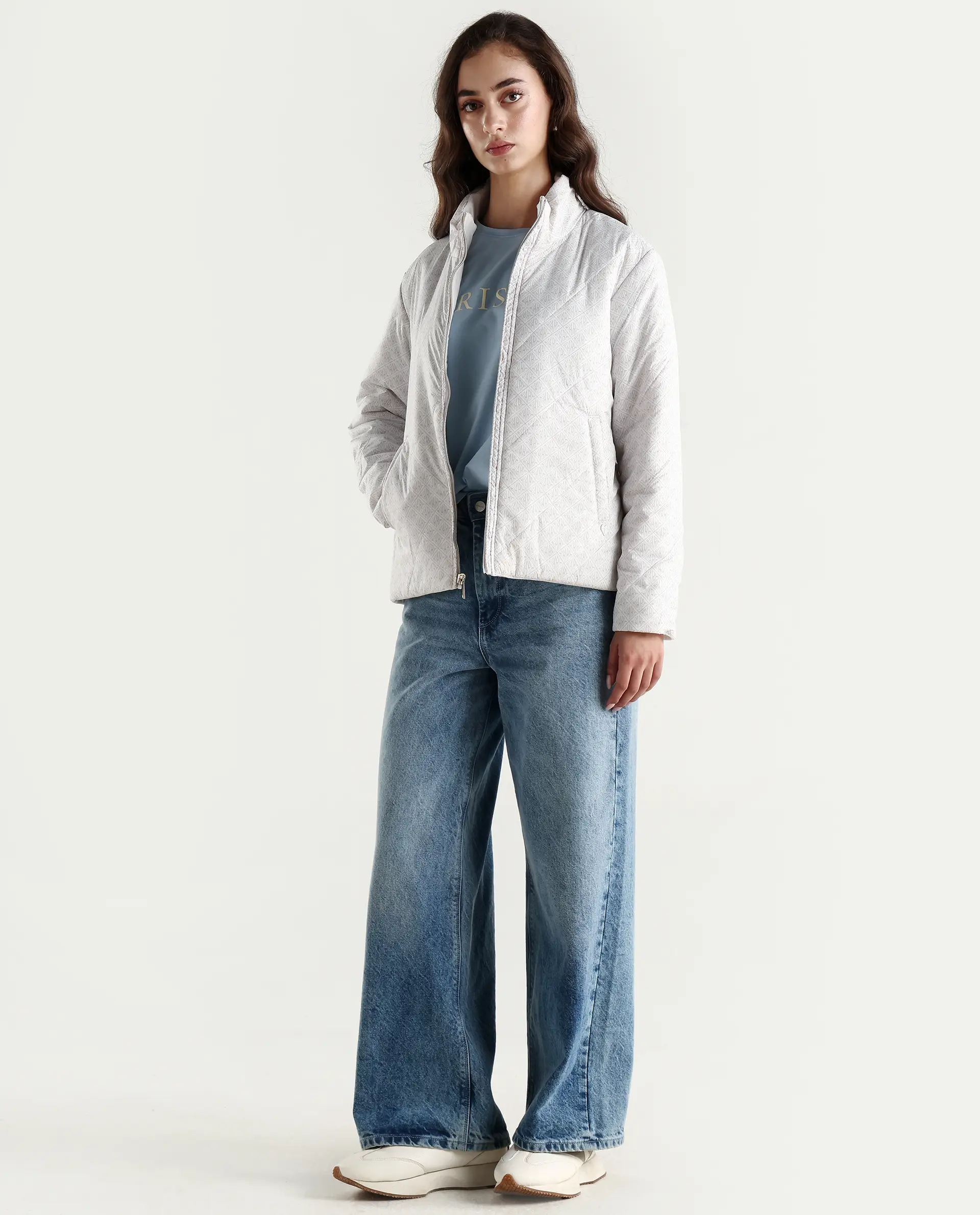 Rareism Women's Sapell Off White Polyester Stand Collar Geometric Print Boxy Fit Jacket - Image 2