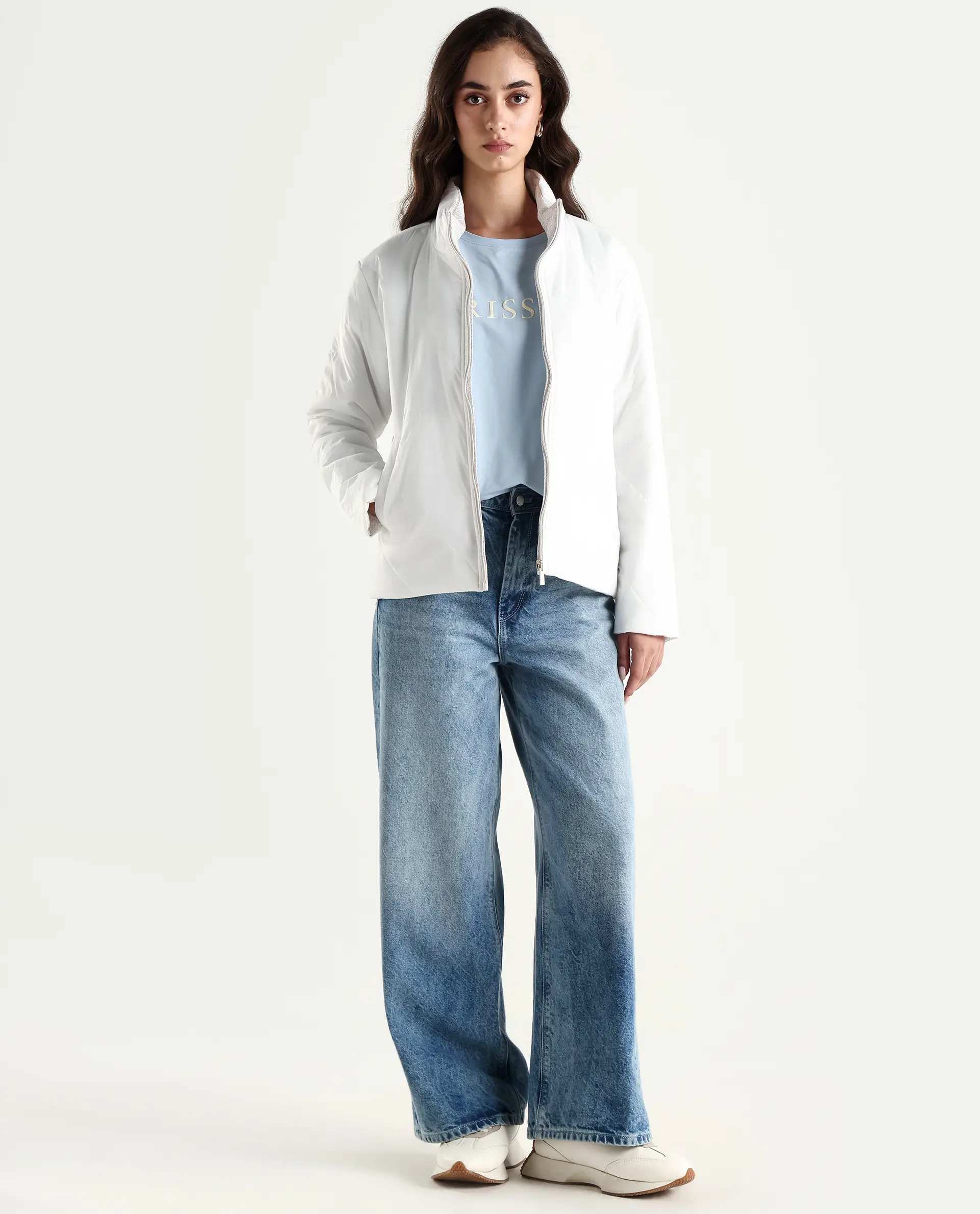 Rareism Women's Sapell Off White Polyester Stand Collar Geometric Print Boxy Fit Jacket - Image 3