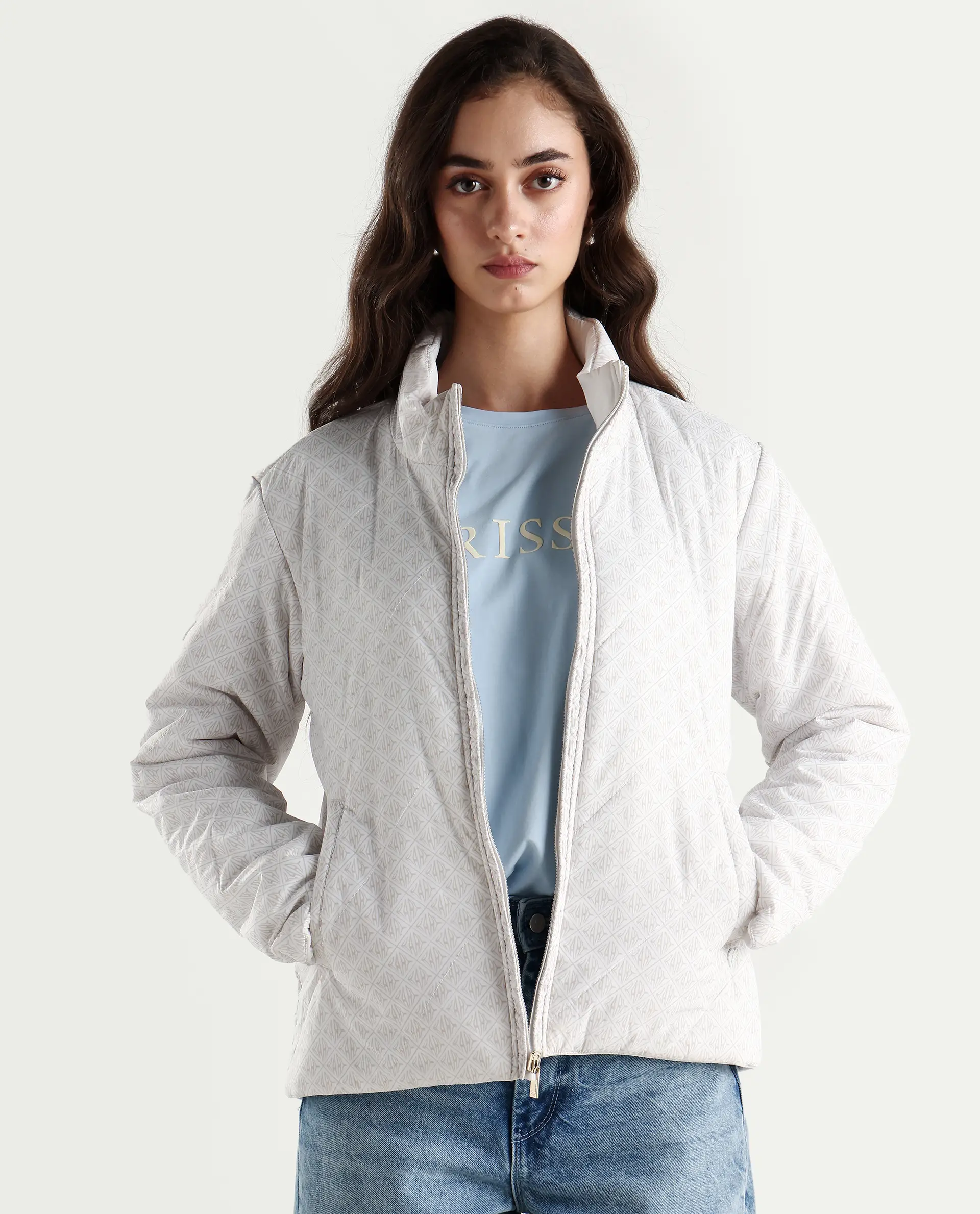 Rareism Women's Sapell Off White Polyester Stand Collar Geometric Print Boxy Fit Jacket - Image 4