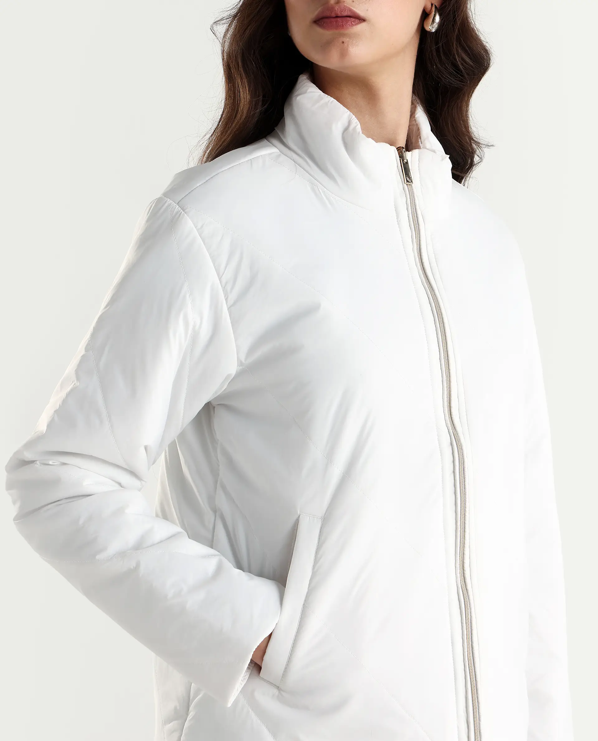 Rareism Women's Sapell Off White Polyester Stand Collar Geometric Print Boxy Fit Jacket - Image 5