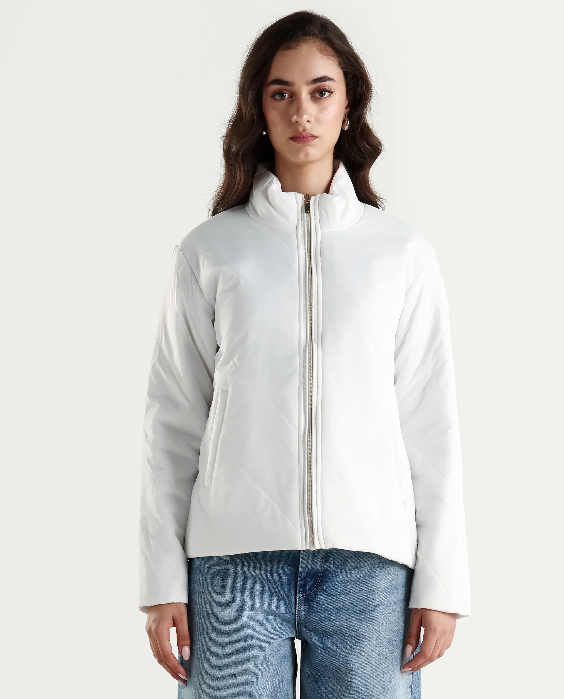 Rareism Women's Sapell Off White Polyester Stand Collar Geometric Print Boxy Fit Jacket - Image 6