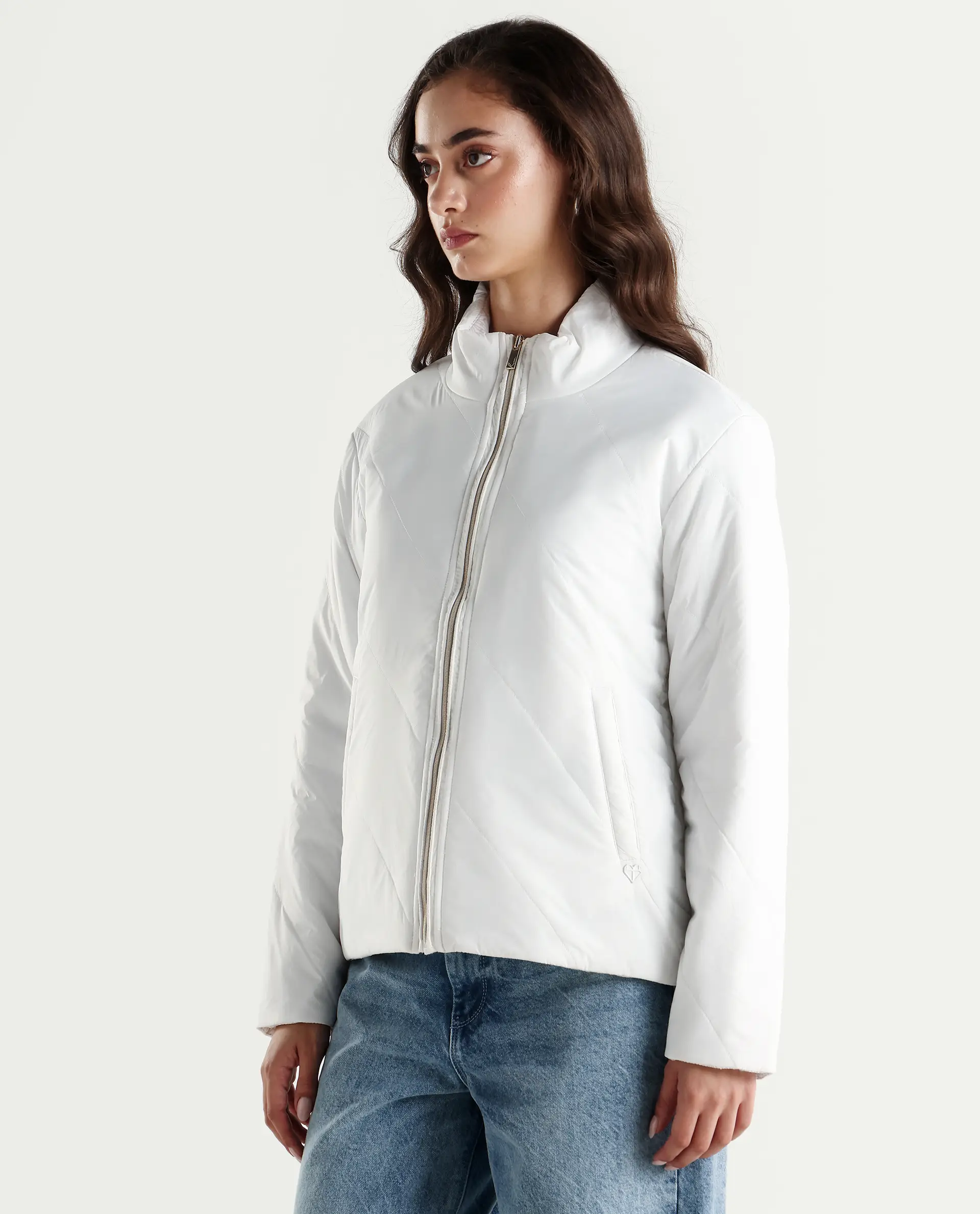 Rareism Women's Sapell Off White Polyester Stand Collar Geometric Print Boxy Fit Jacket - Image 7