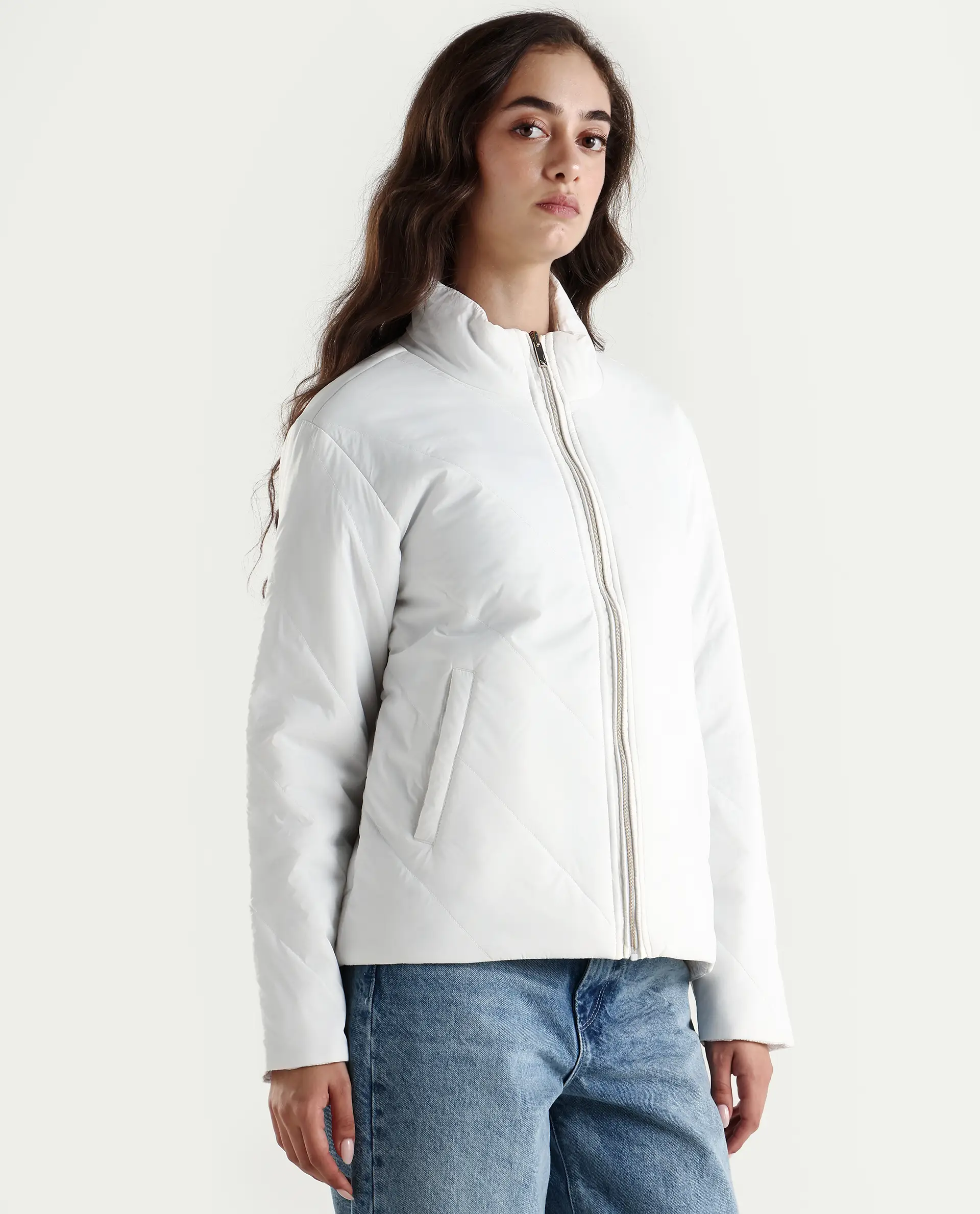 Rareism Women's Sapell Off White Polyester Stand Collar Geometric Print Boxy Fit Jacket - Image 8