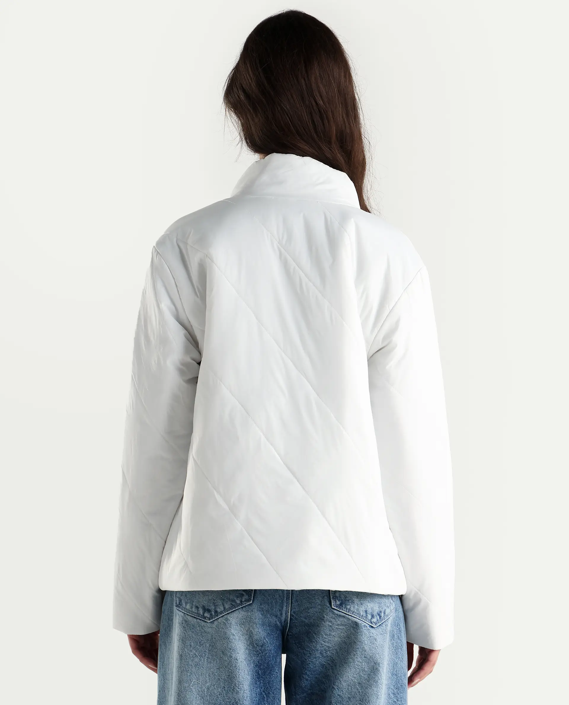 Rareism Women's Sapell Off White Polyester Stand Collar Geometric Print Boxy Fit Jacket - Image 9