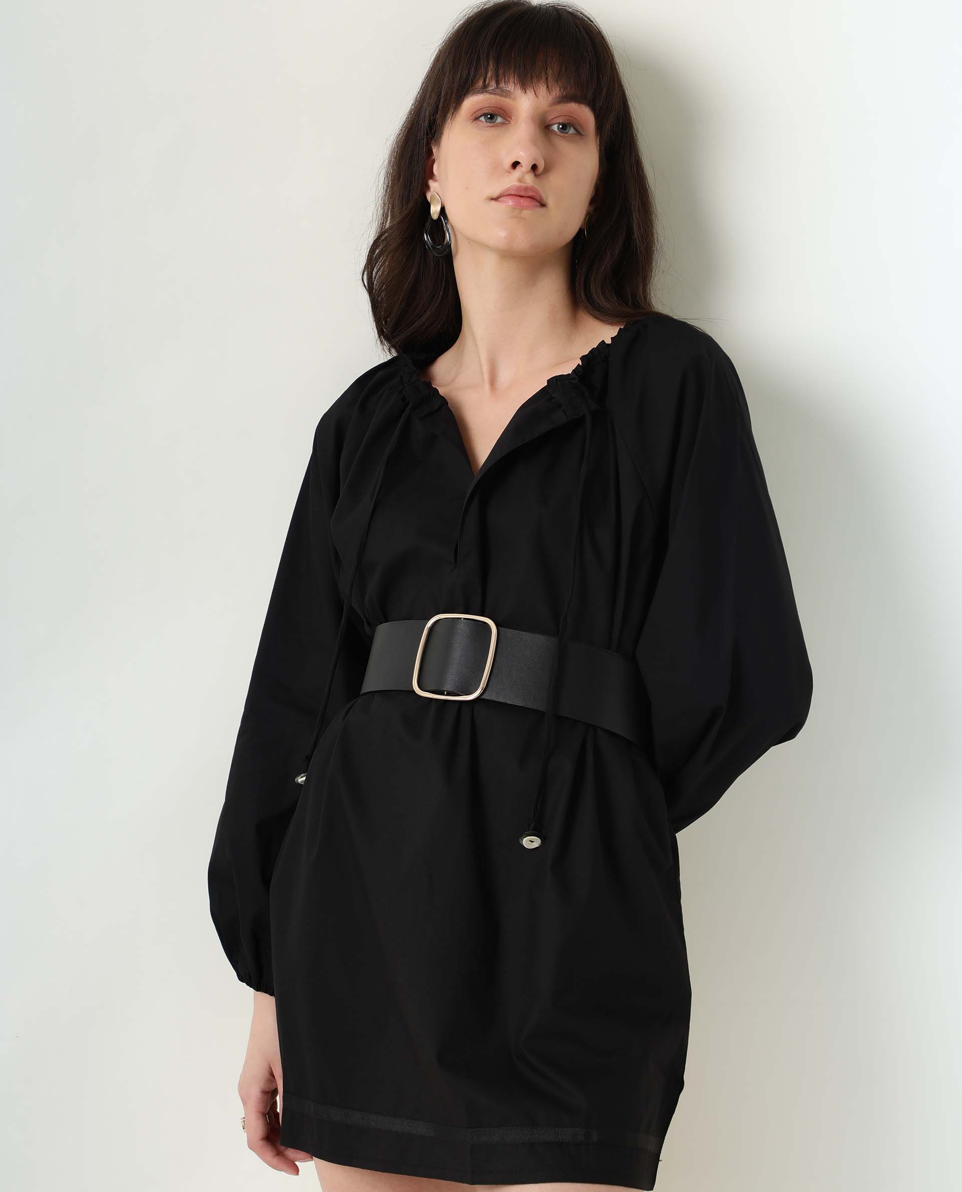 Rareism Women's Sapie Black Modal Tie-Up Neck Plain Mini Relaxed Fit Dress