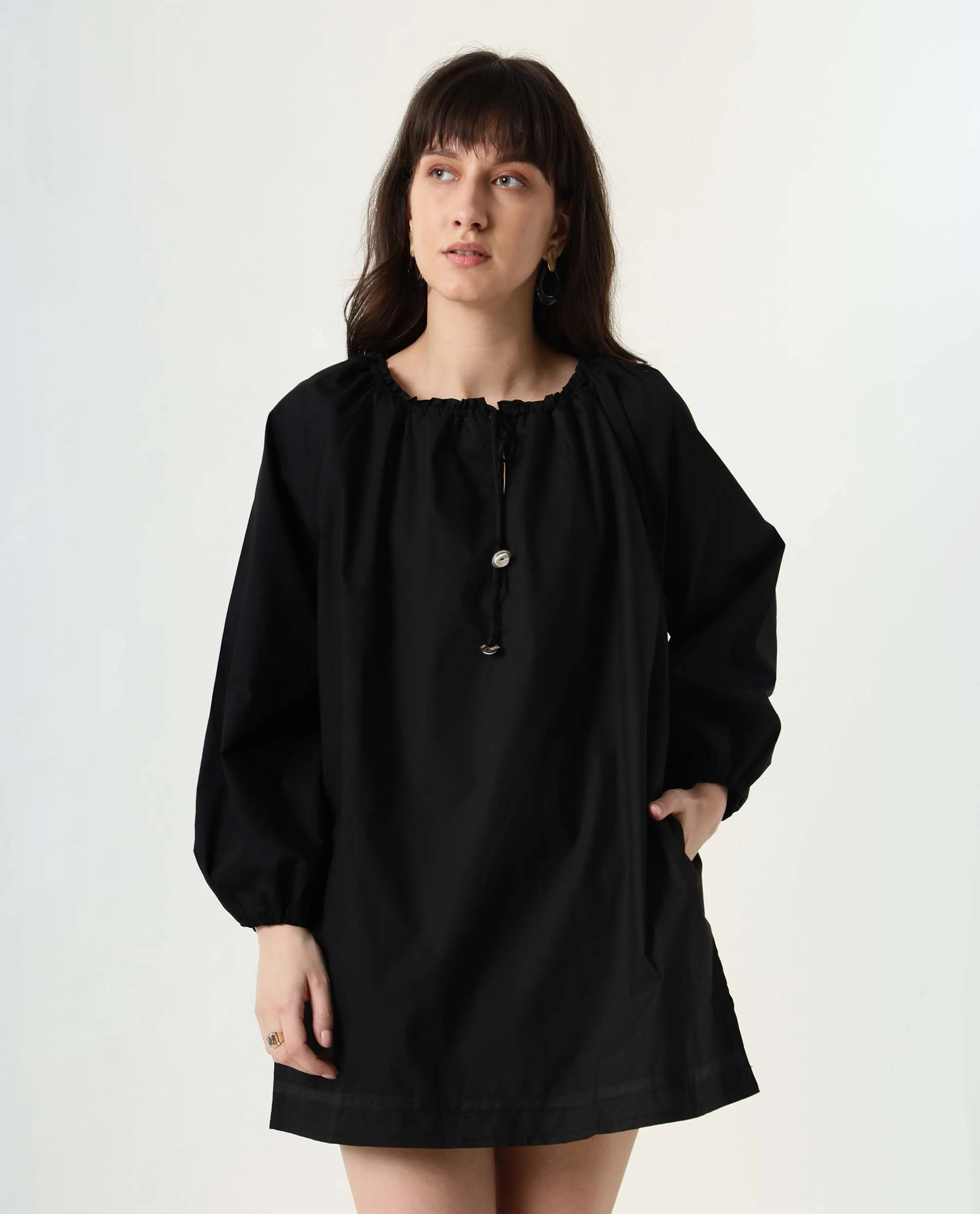 Rareism Women's Sapie Black Modal Tie-Up Neck Plain Mini Relaxed Fit Dress - Image 2