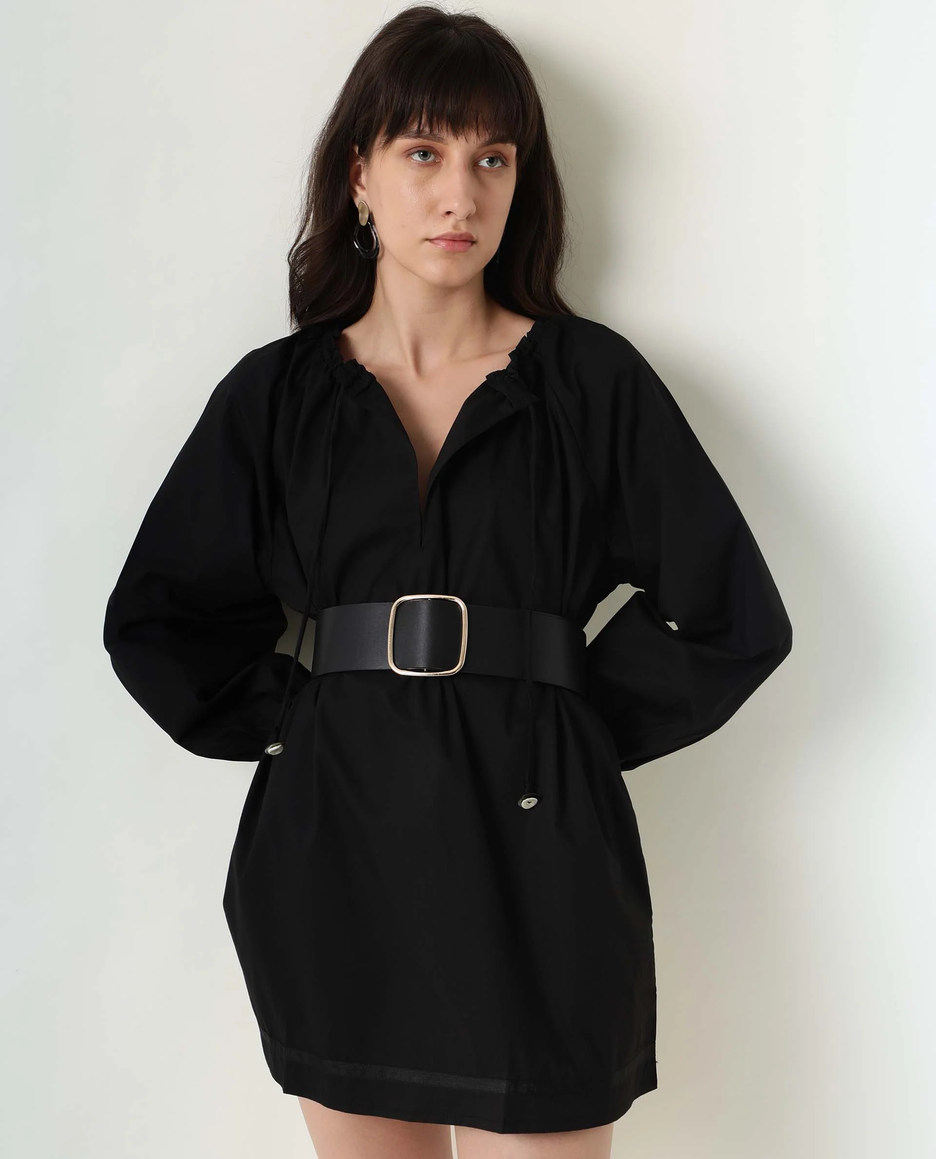 Rareism Women's Sapie Black Modal Tie-Up Neck Plain Mini Relaxed Fit Dress - Image 3