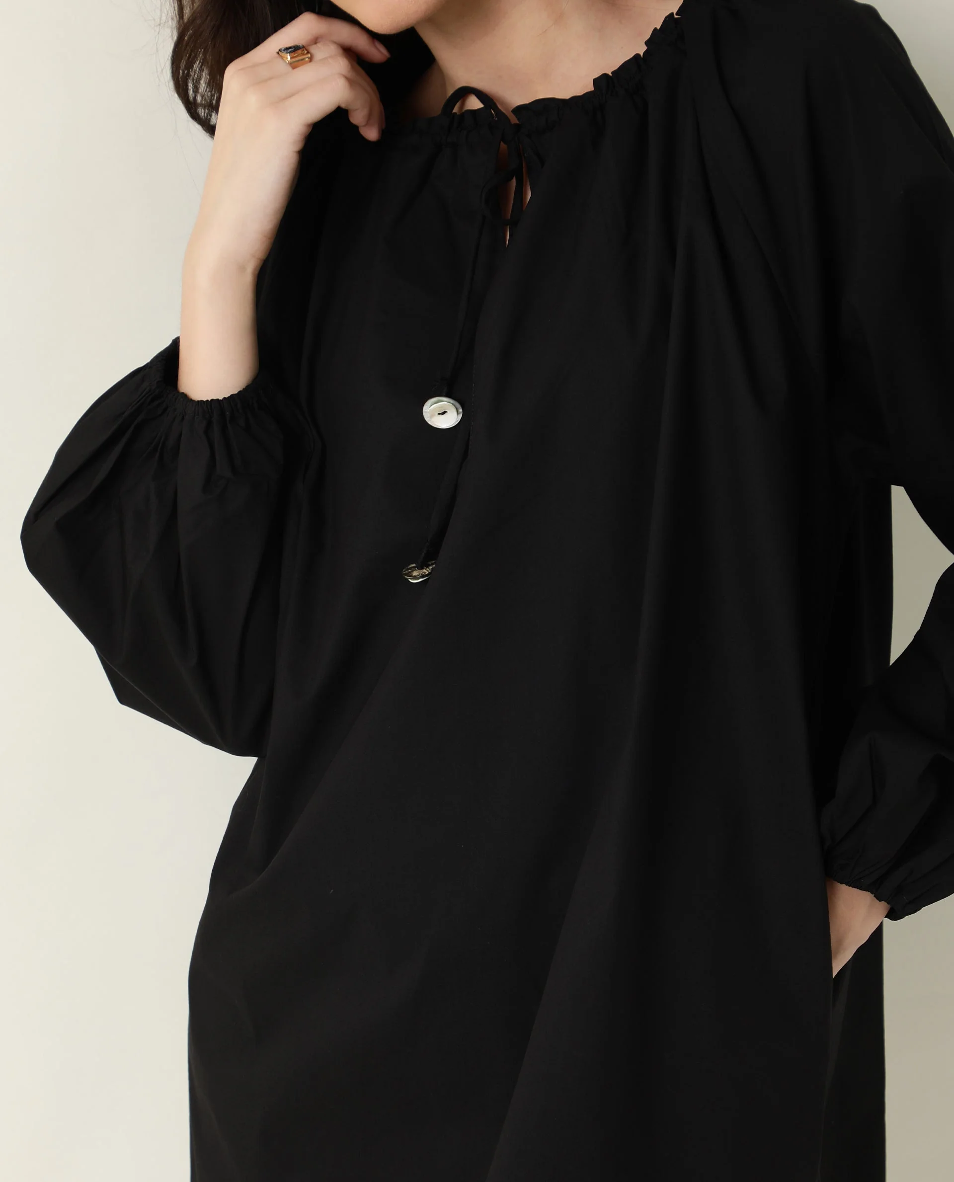 Rareism Women's Sapie Black Modal Tie-Up Neck Plain Mini Relaxed Fit Dress - Image 4