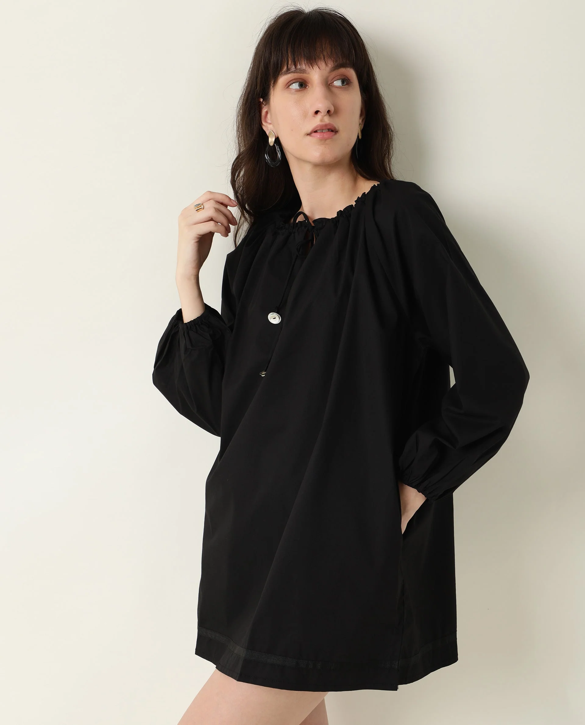 Rareism Women's Sapie Black Modal Tie-Up Neck Plain Mini Relaxed Fit Dress - Image 5
