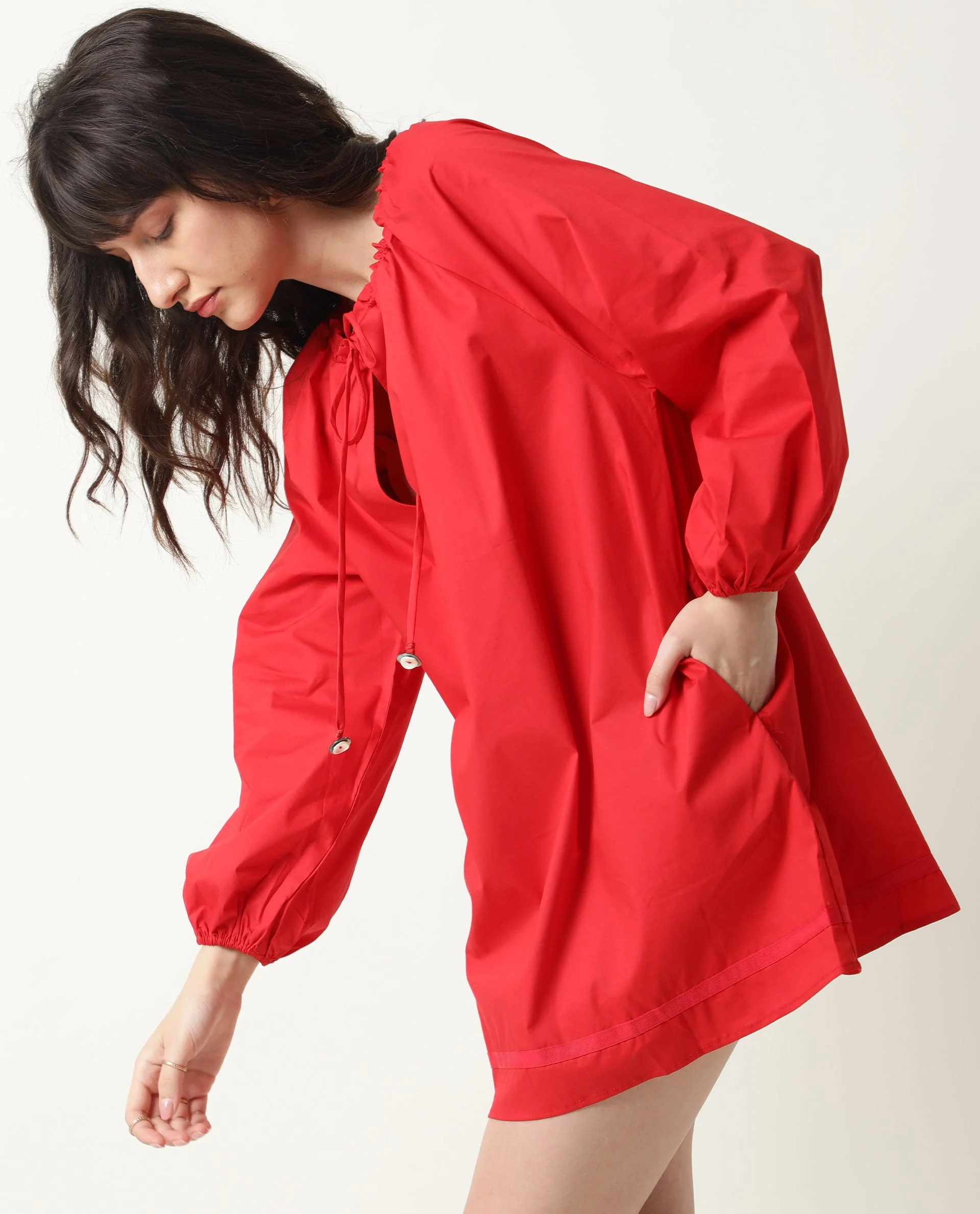 Rareism Women's Sapie Red Tie-Up Neck Plain Volume Sleeve Knee Length Relaxed Fit Dress - Image 2