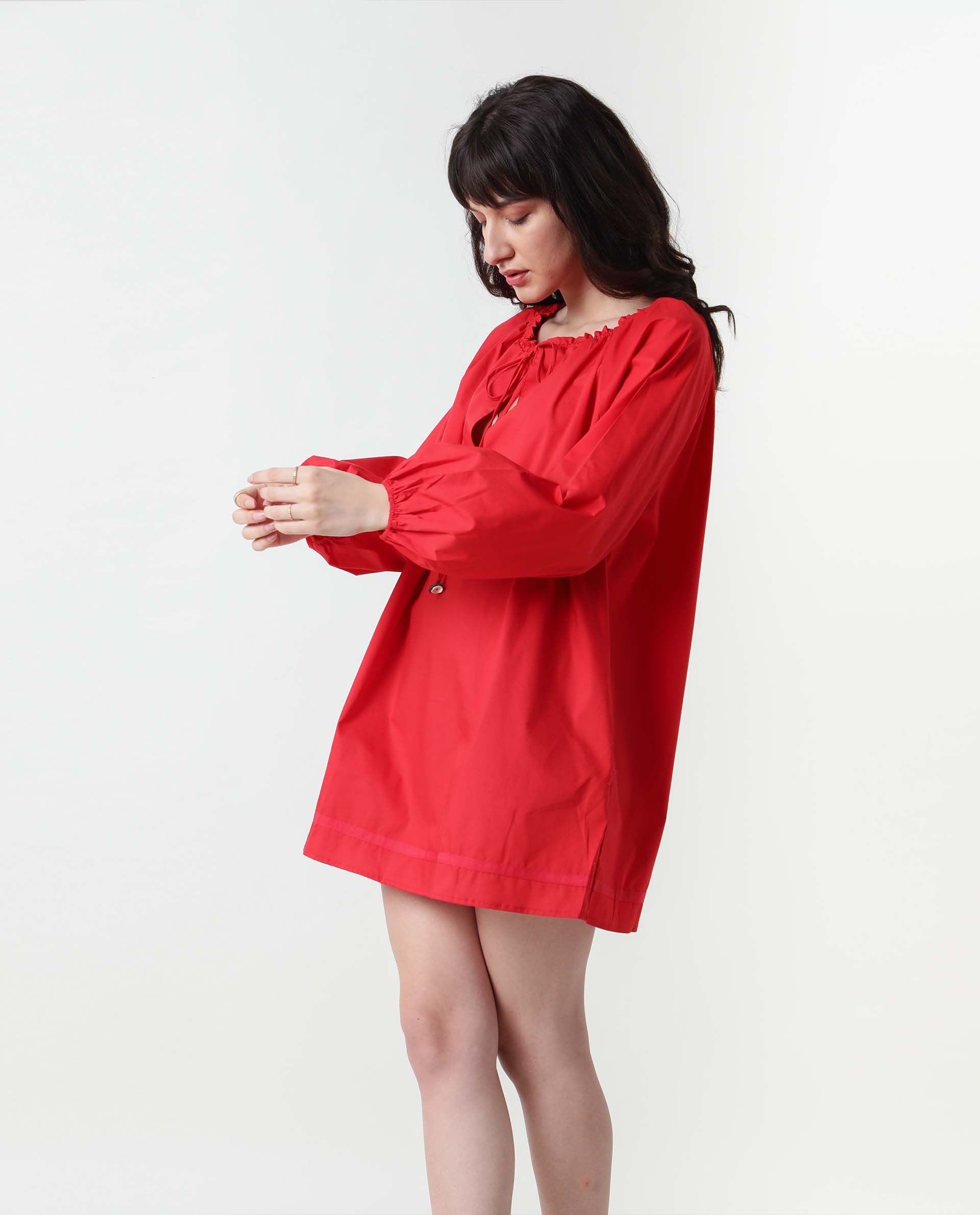 Rareism Women's Sapie Red Tie-Up Neck Plain Volume Sleeve Knee Length Relaxed Fit Dress - Image 3