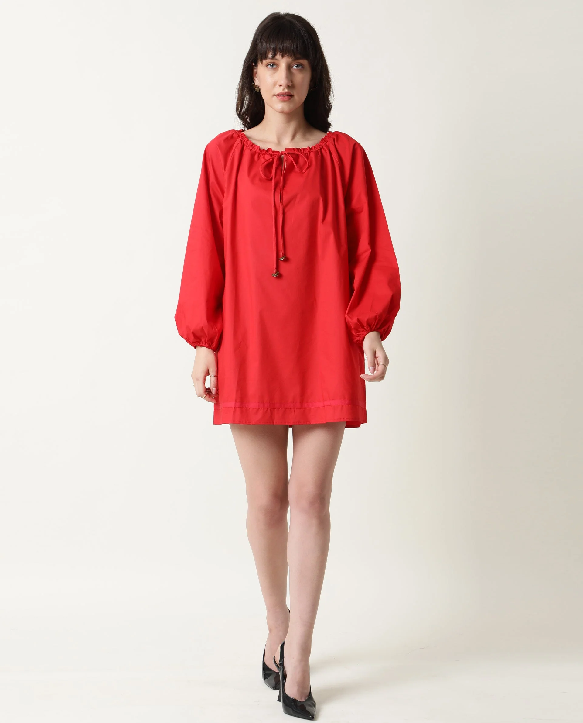 Rareism Women's Sapie Red Tie-Up Neck Plain Volume Sleeve Knee Length Relaxed Fit Dress - Image 4