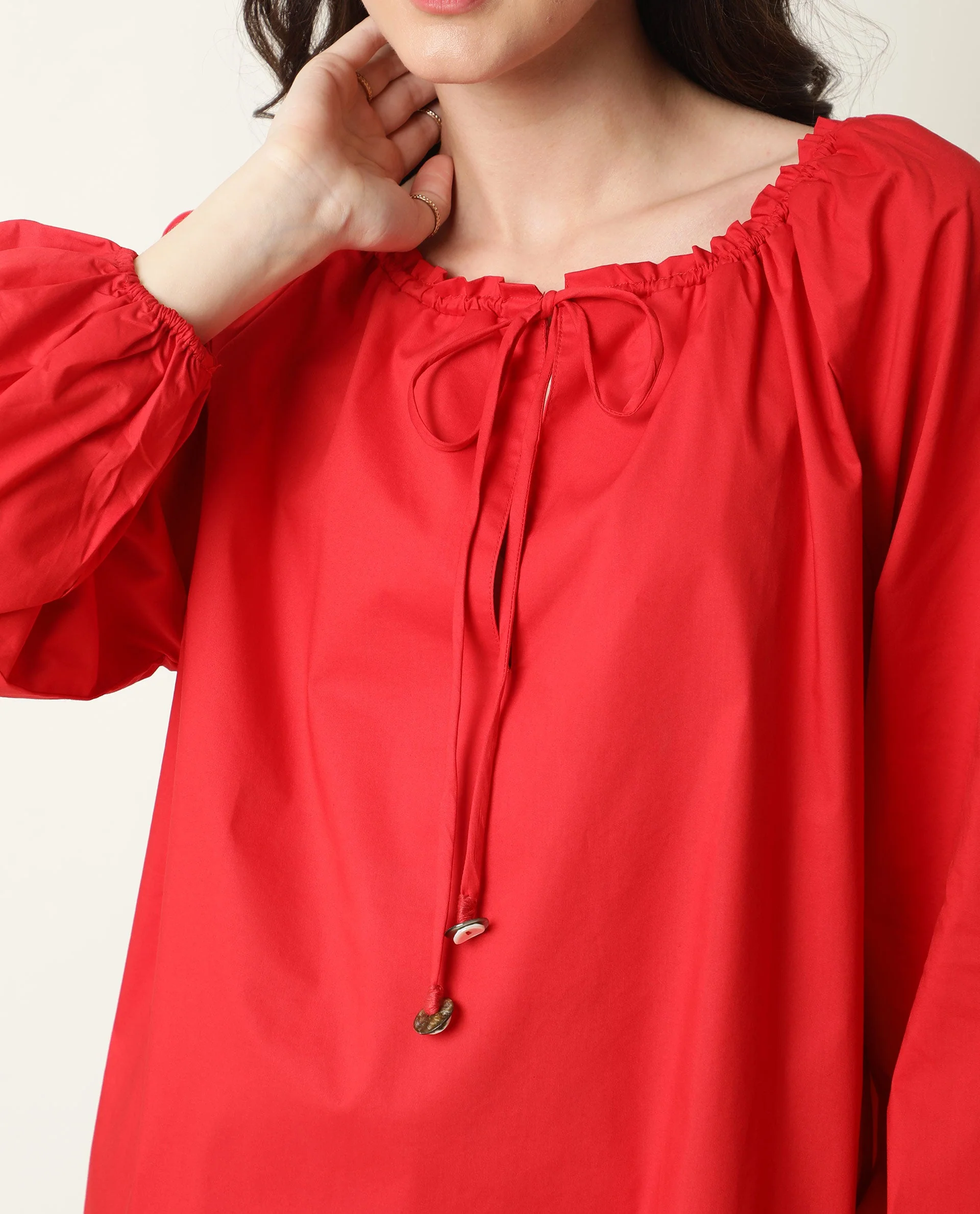 Rareism Women's Sapie Red Tie-Up Neck Plain Volume Sleeve Knee Length Relaxed Fit Dress - Image 5